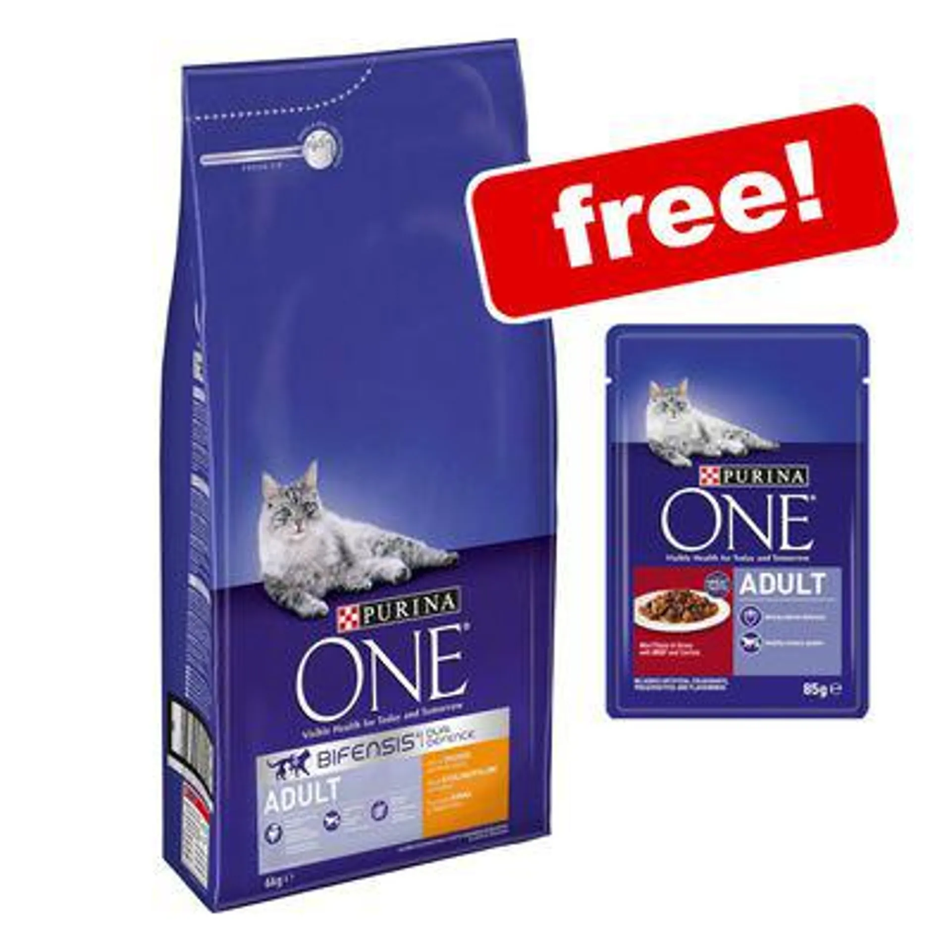 6kg Purina ONE Adult Chicken Dry Cat Food + 8 x 85g Wet Food Free! *