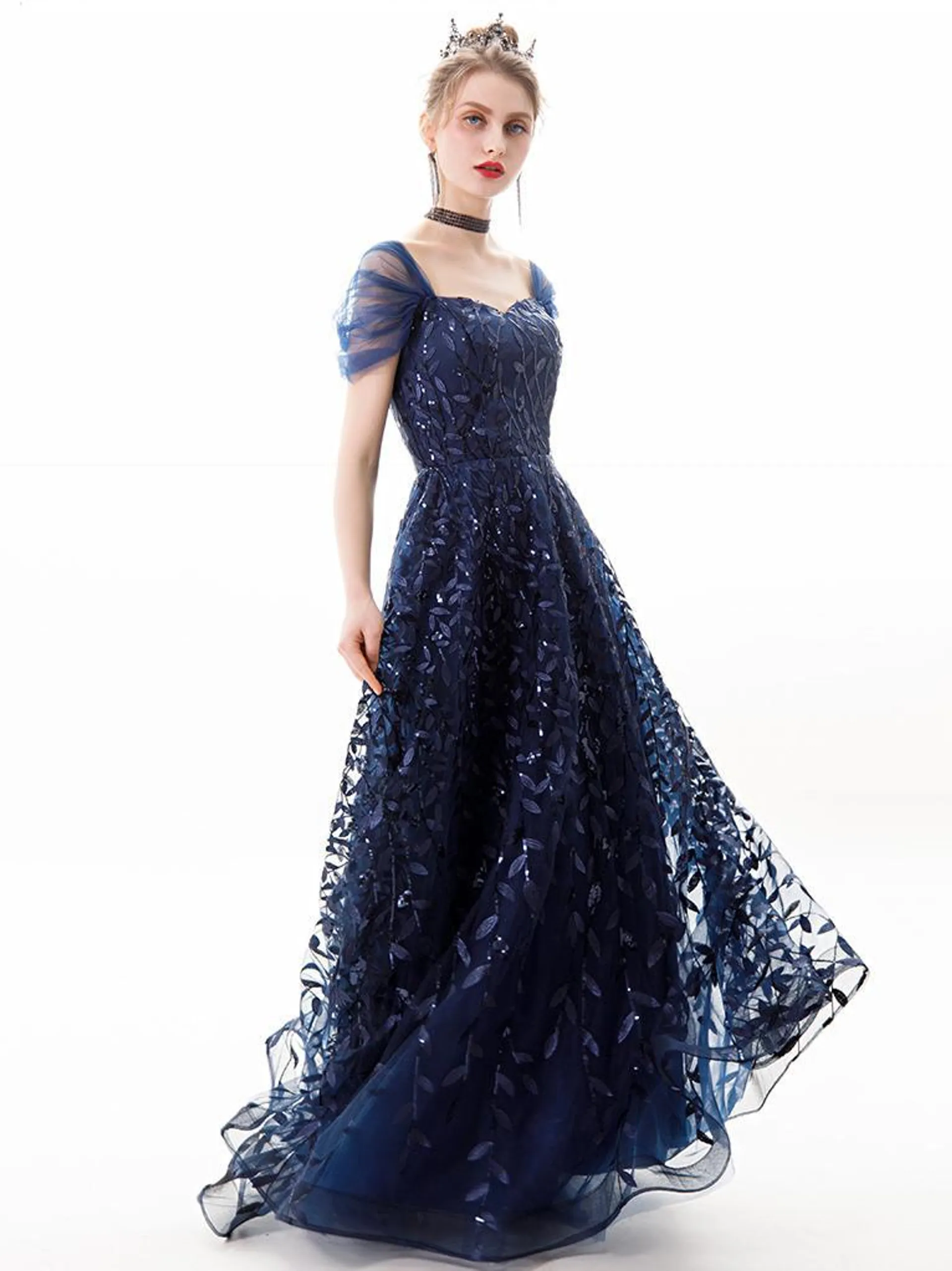 Dark Blue Dress Sweetheart Cap Sleeves Leaves Studded Prom Maxi Dresses