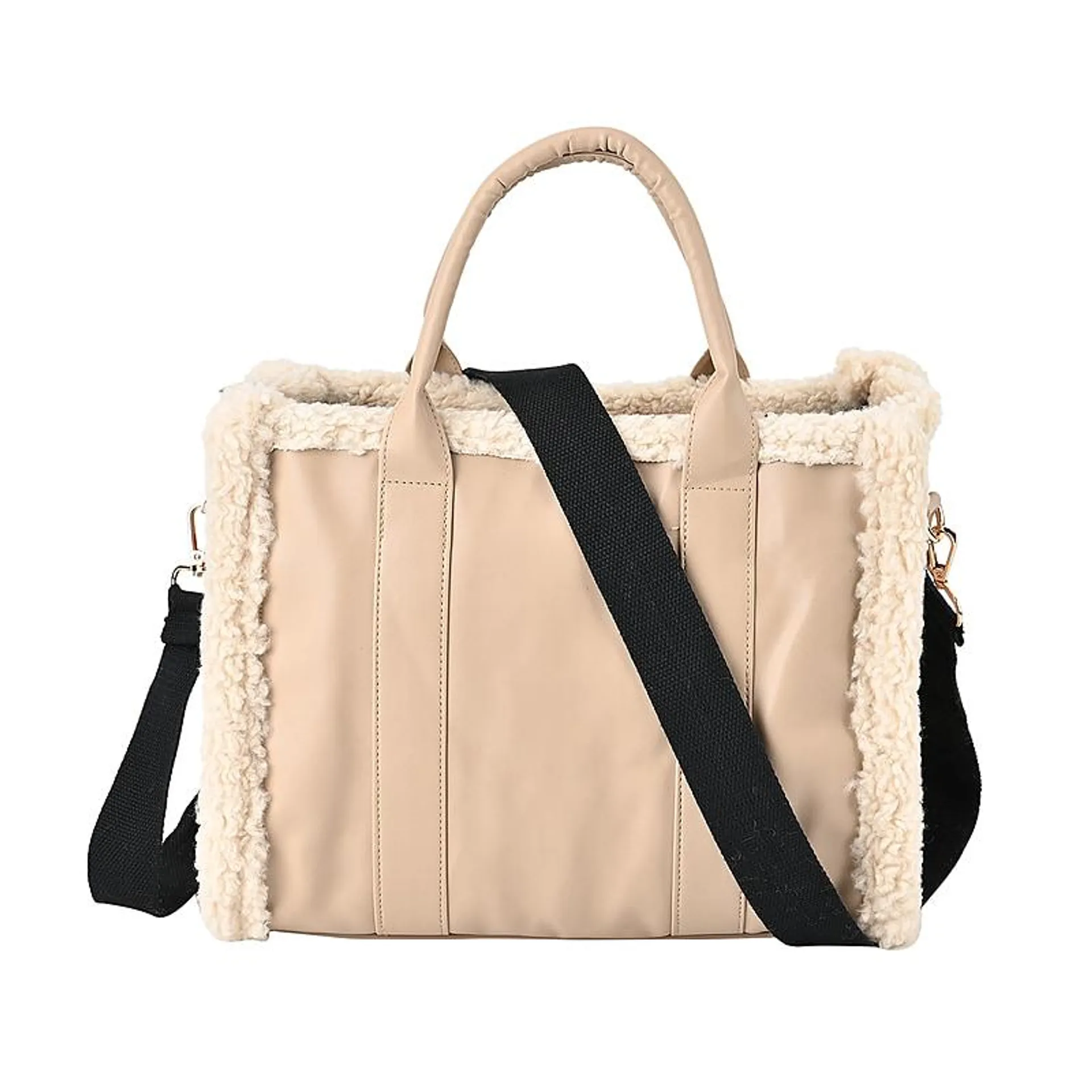 Leatherette Crossbody Bag with Exterior Zipped Pocket & Shoulder Strap - Apricot & White