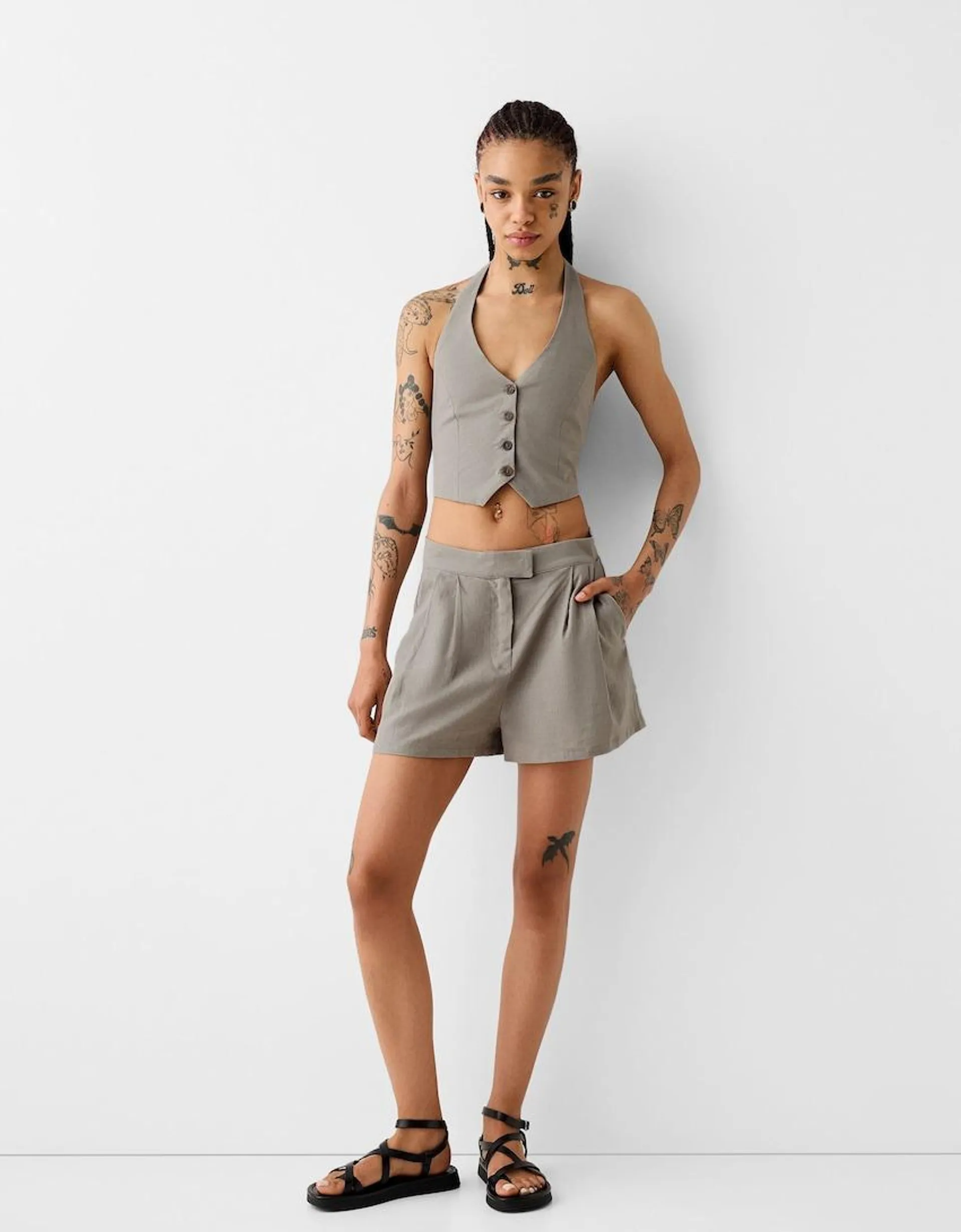 Linen blend vest and Bermuda shorts set