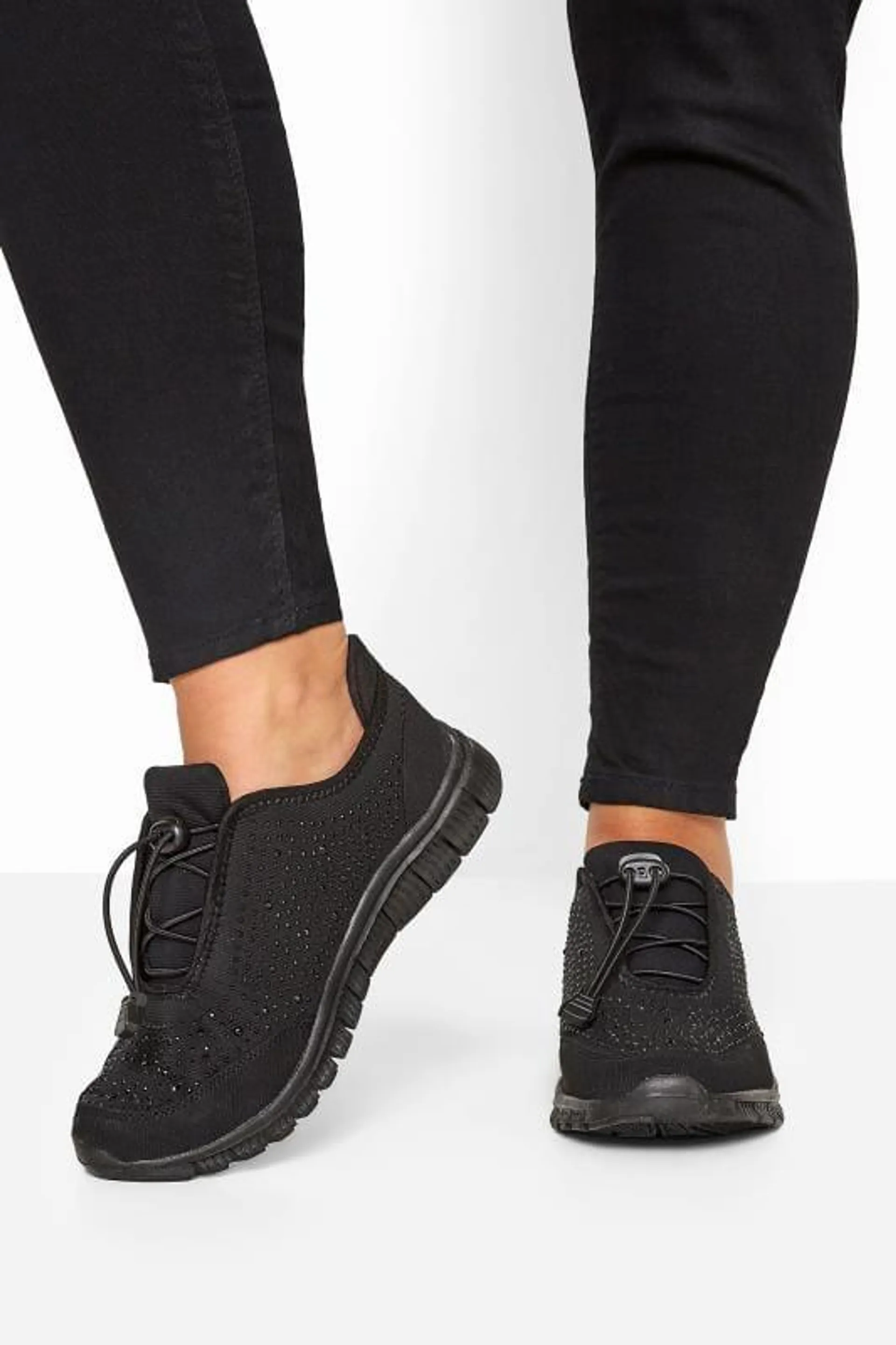 Black Embellished Drawcord Trainers In Wide E Fit & Extra Wide EEE Fit