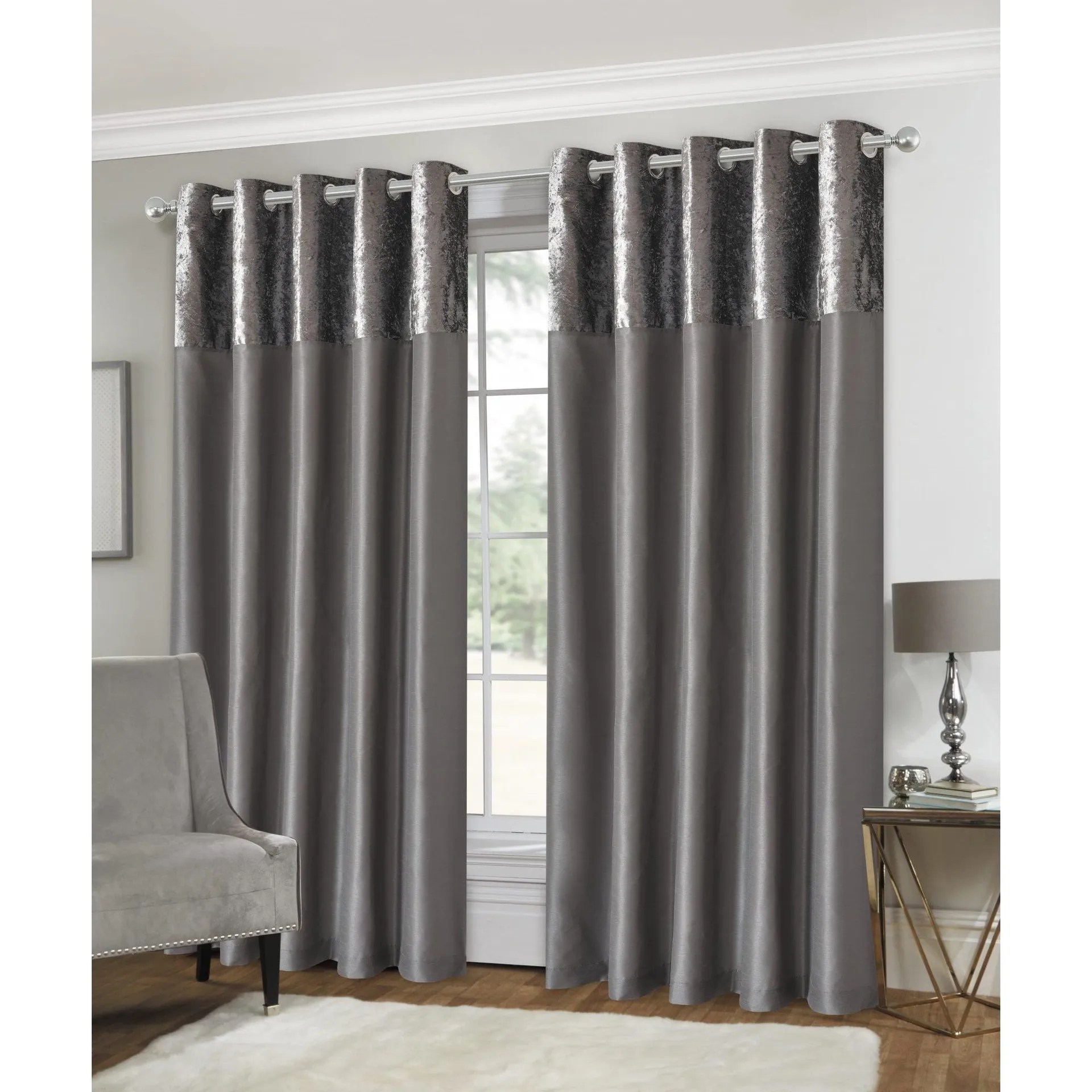 Olivia Eyelet Curtains - Velvet Top - Silver