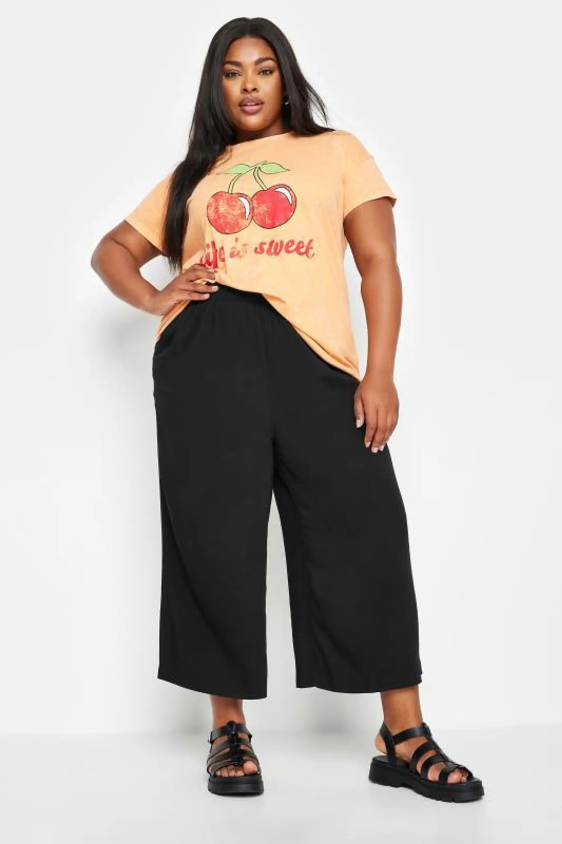 YOURS Curve Black Wide Leg Cropped Trousers