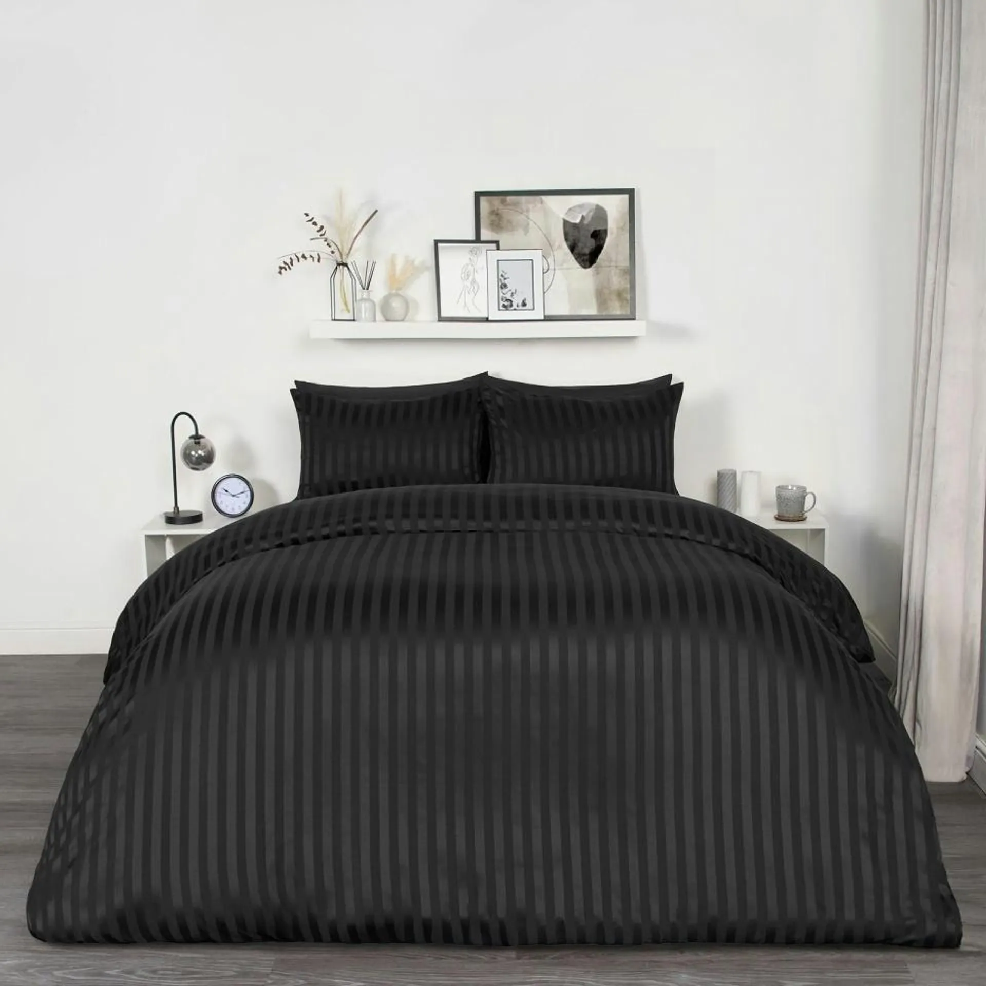 OHS Satin Stripe Hotel Quality Duvet Cover and Pillowcases, Super King - Black