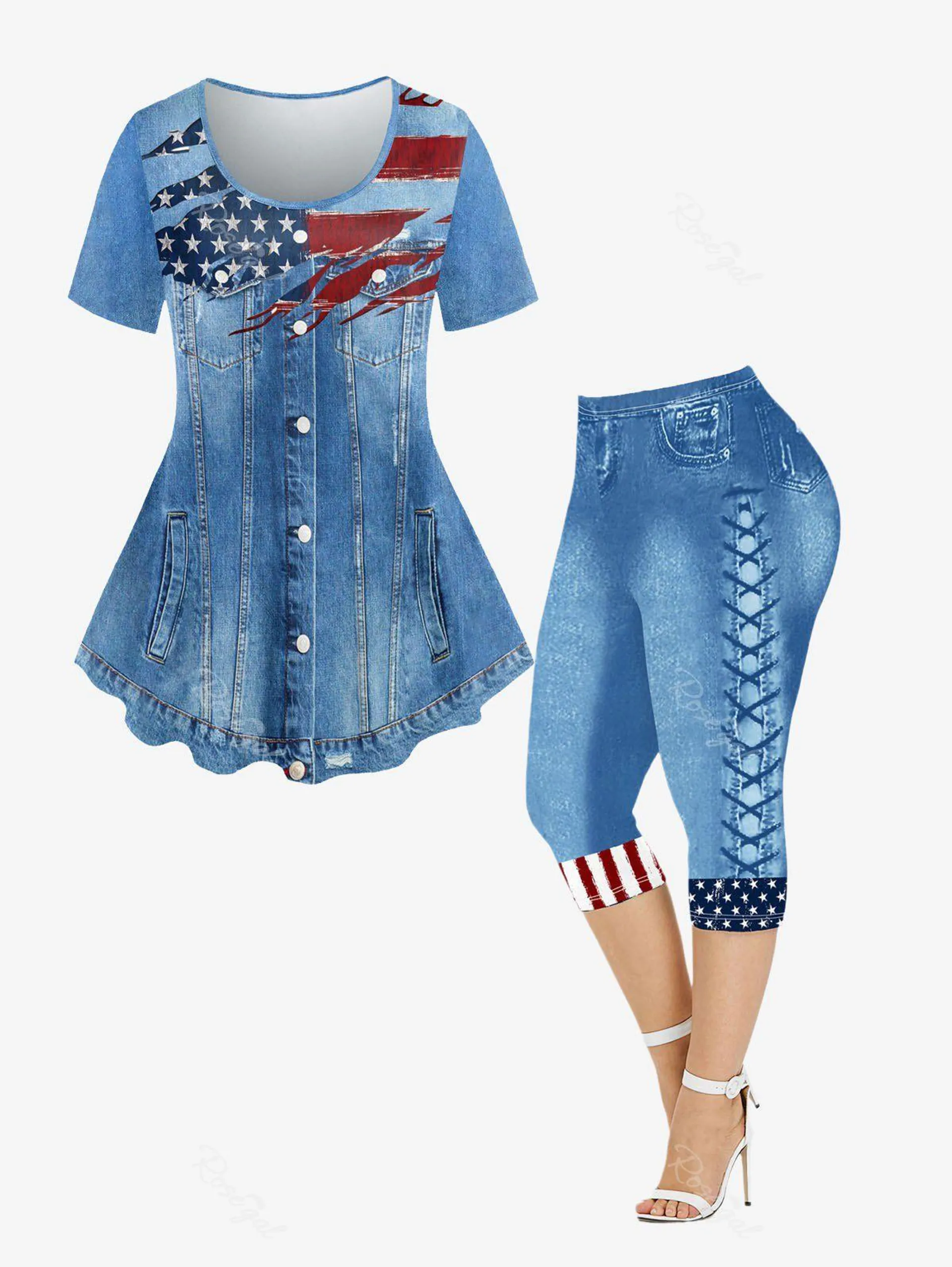 3D Jeans American Flag Printed Tee and Leggings Plus Size Outfit