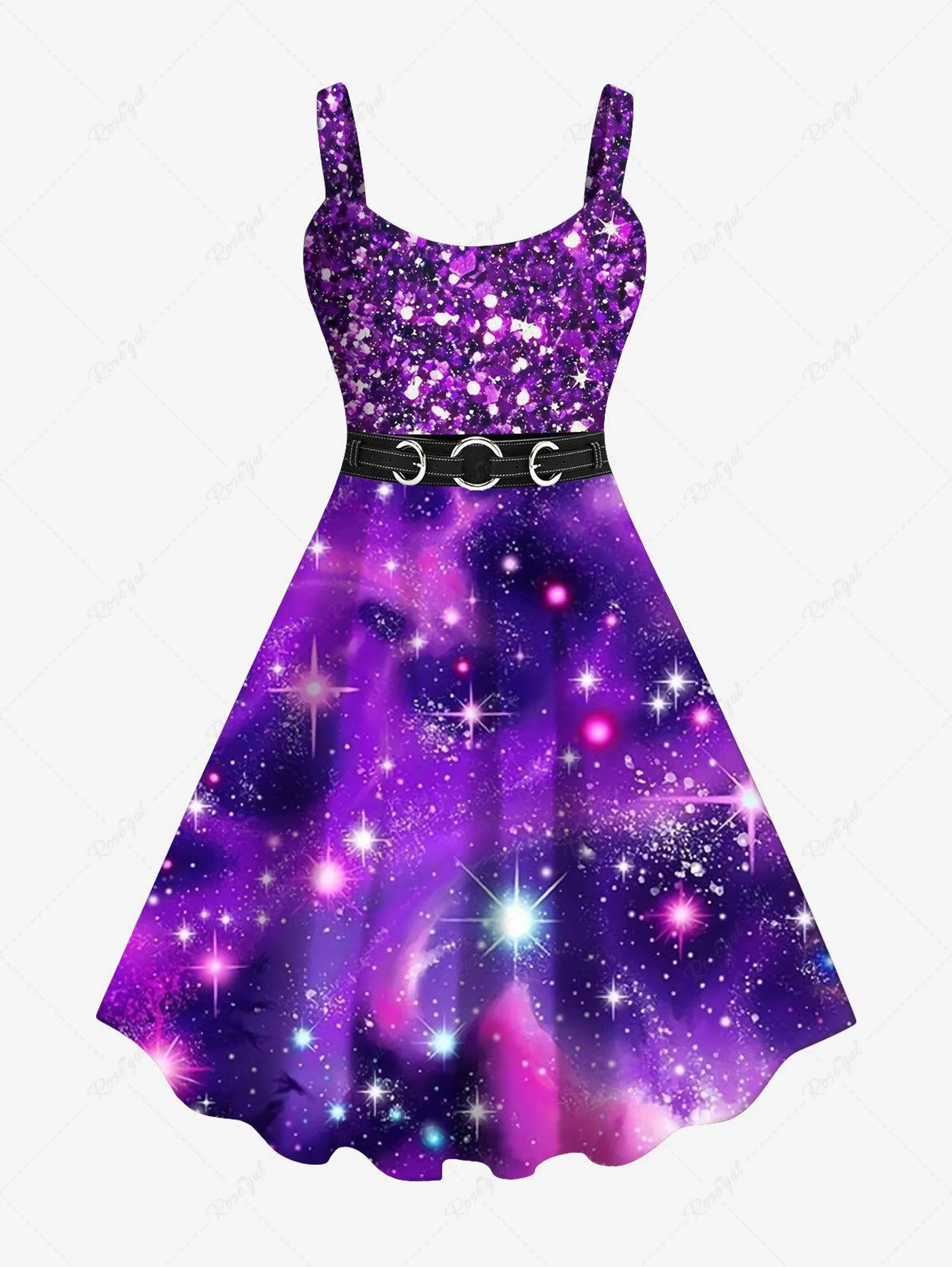 Plus Size Galaxy Star Sparkling Sequin Glitter Buckle Belt 3D Print Tank Party New Years Eve Dress - 3x