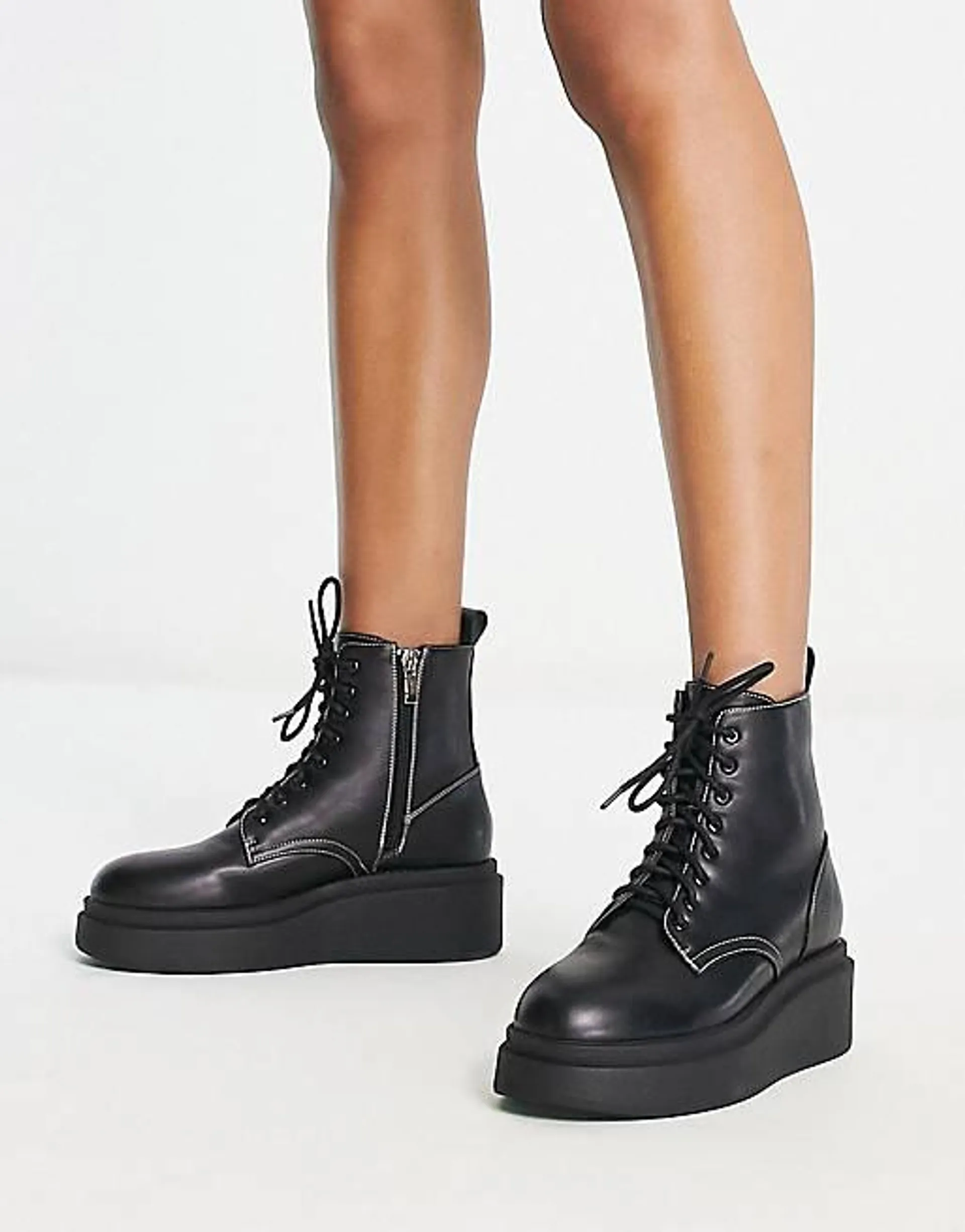 London Rebel flatfrom chunky lace up boots in black