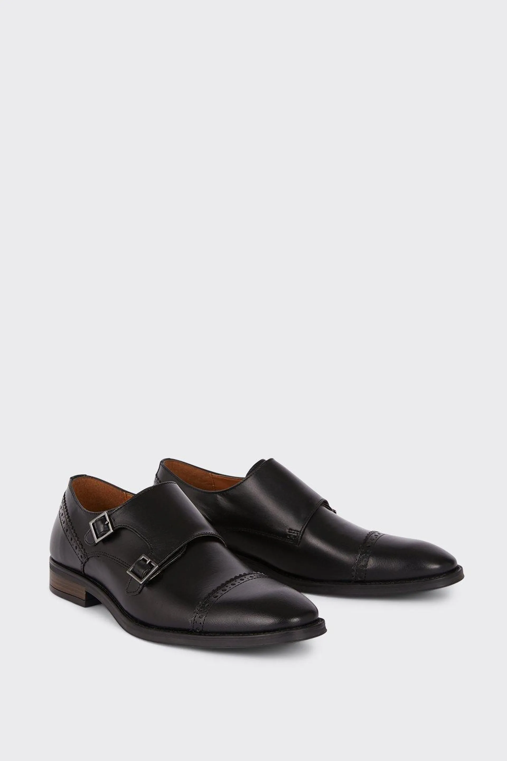 Leather Smart Black Brogue Monk Shoes