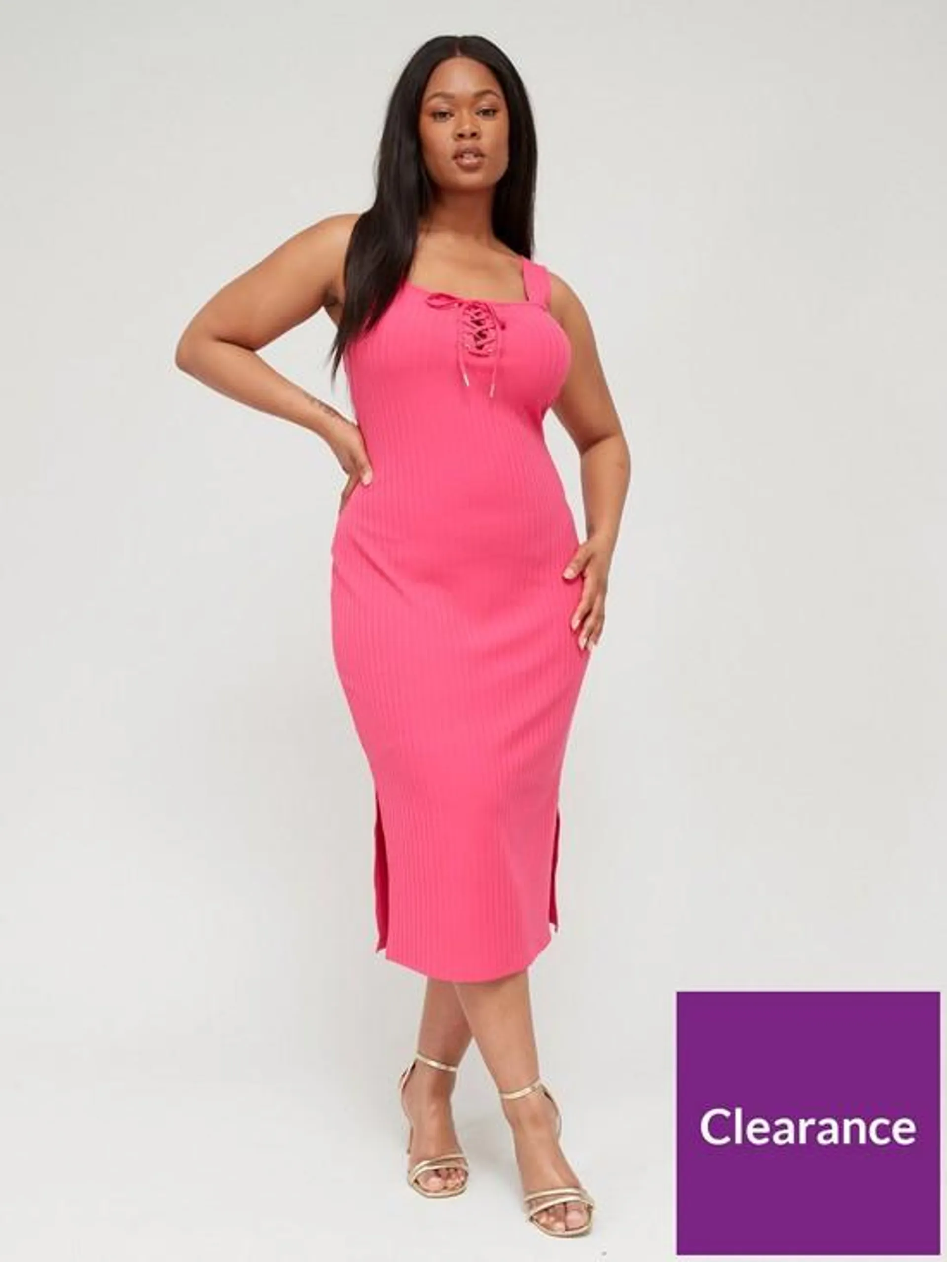 Tie Neck Rib Fitted Midi Dress - Pink