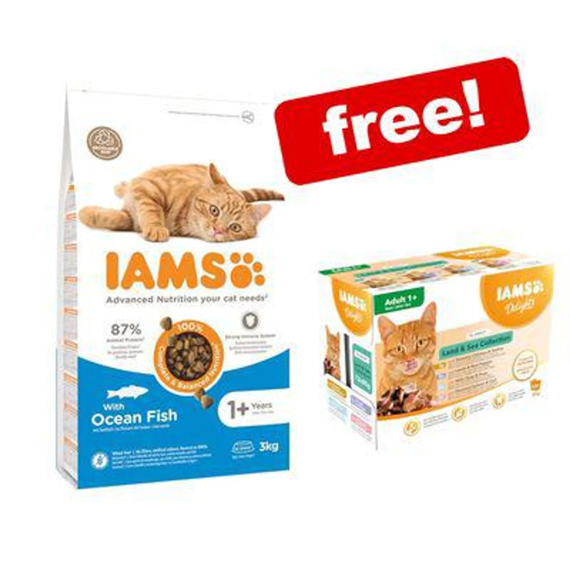2 x 3kg IAMS Adult/Senior Dry Cat Food + 12 x 85g IAMS Wet Cat Food Free! *
