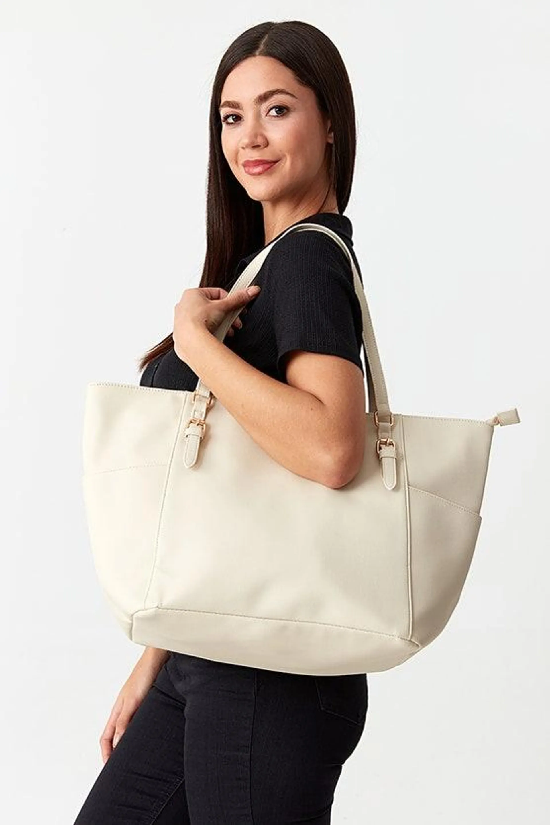 Cream Buckle Trim Side Pocket Shopper Bag