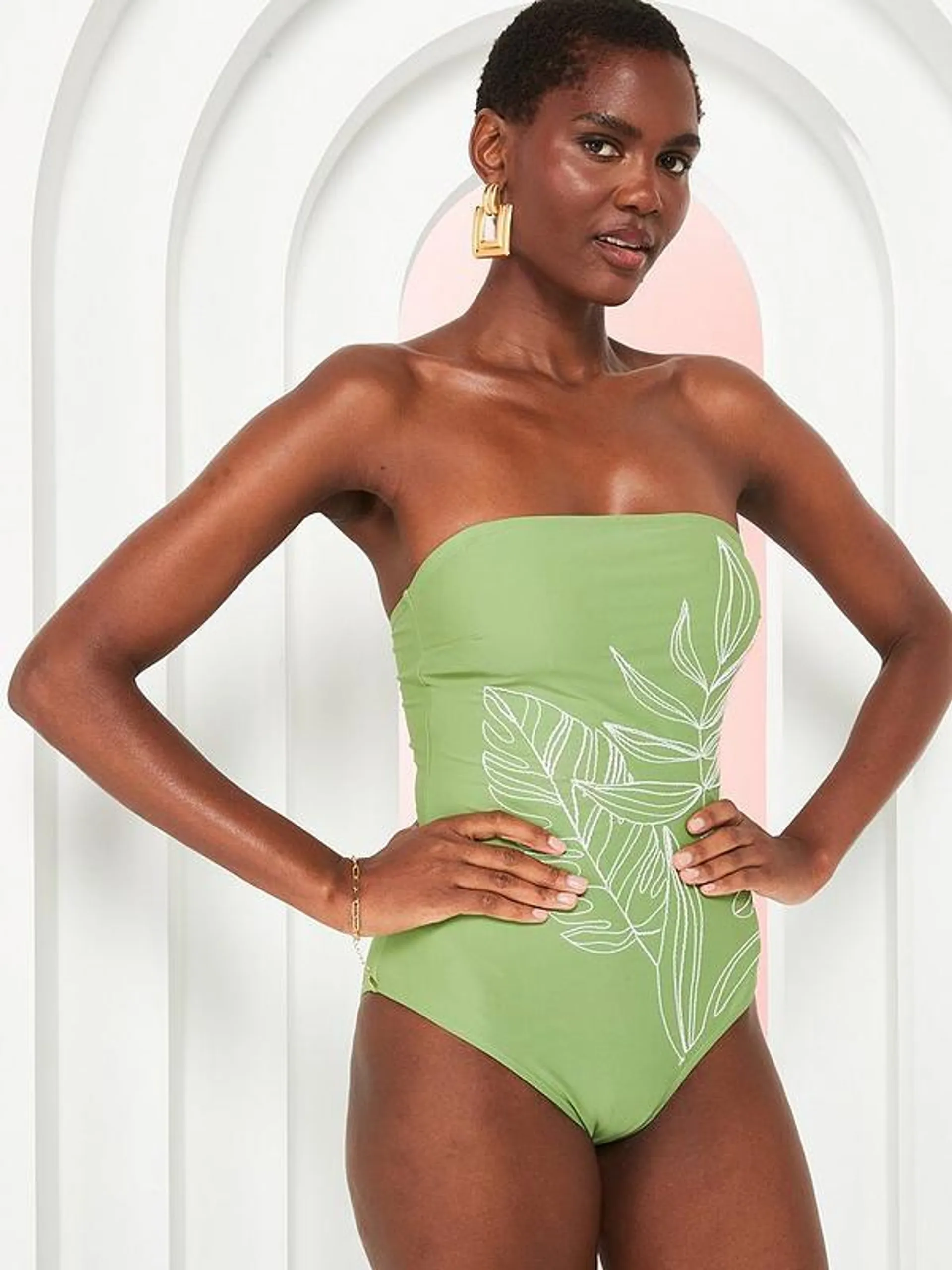 Palm Embroidered Detail Bandeau Swimsuit - Green