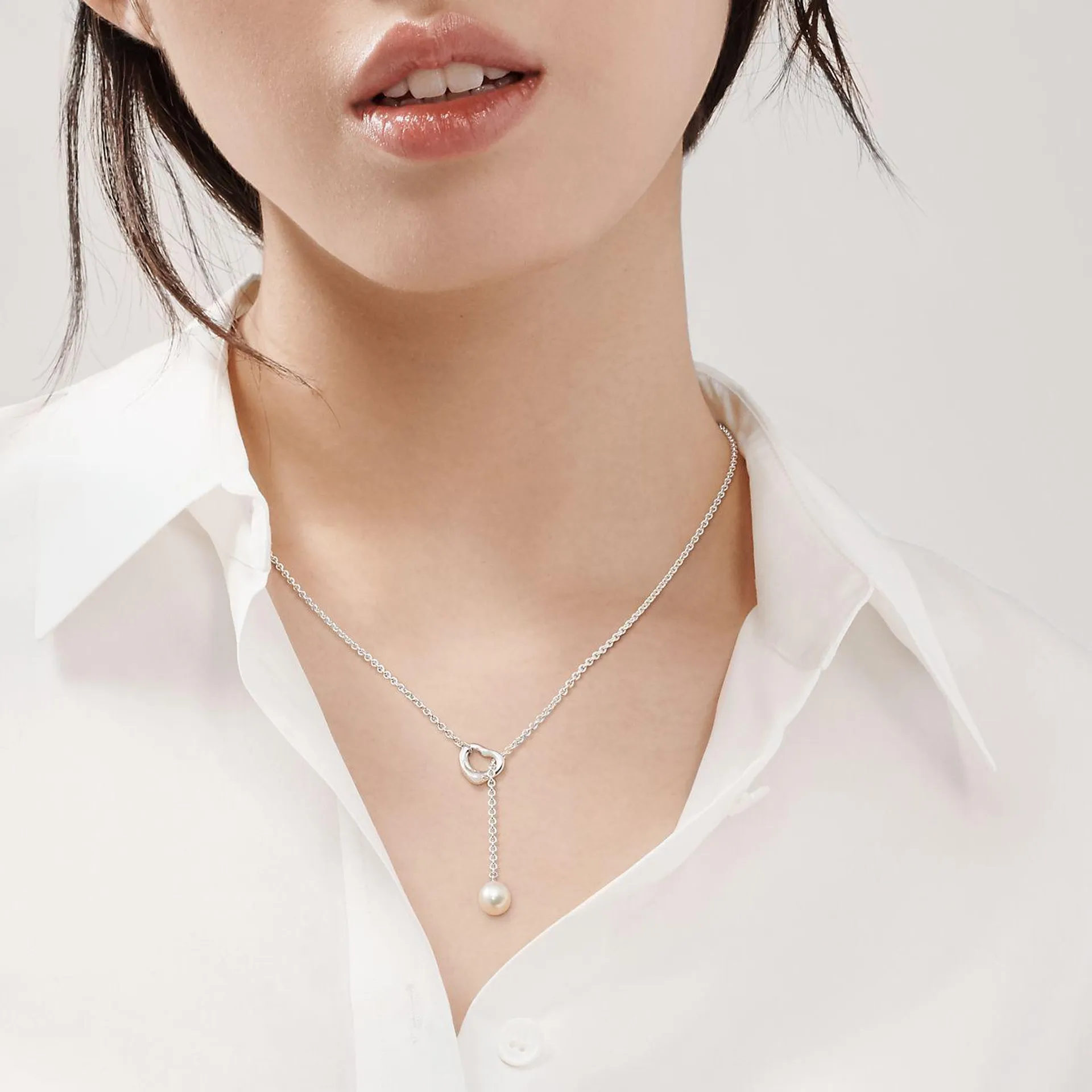 Elsa Peretti® Open Heart Lariat Necklace in Silver with Pearls, 7.5-8 mm