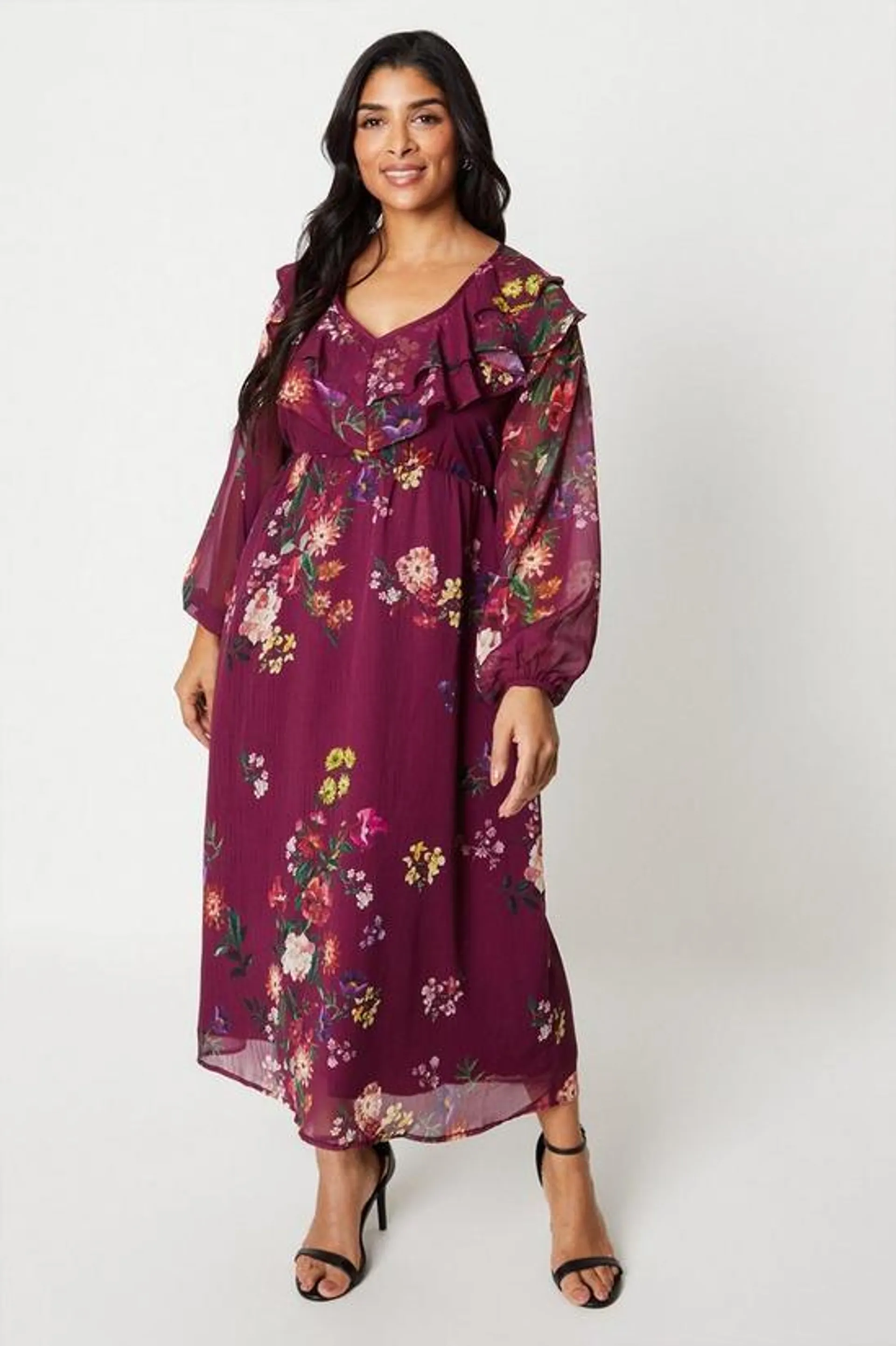 Petite Floral Ruffle Tie Midi Dress