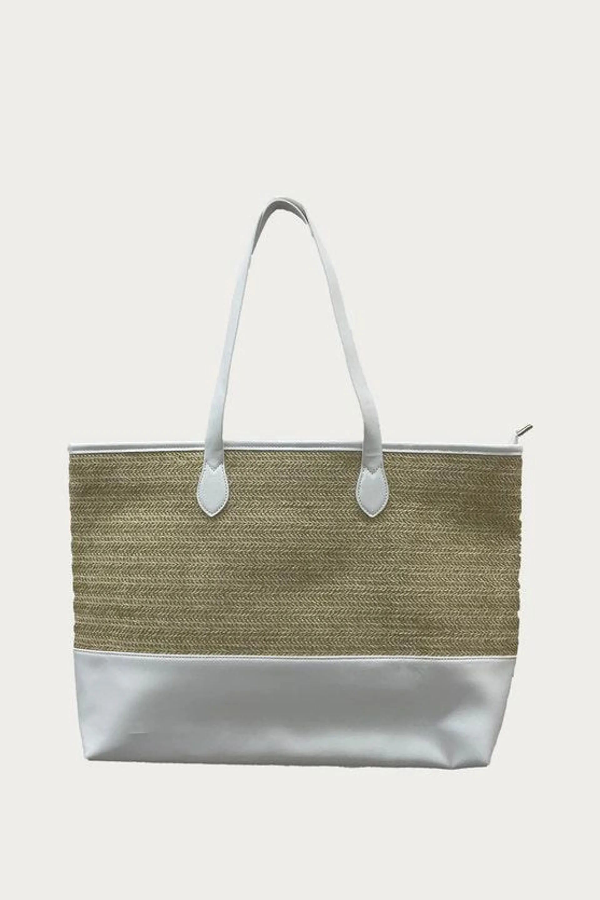 White Straw And Pu Base Panel Shopper Bag