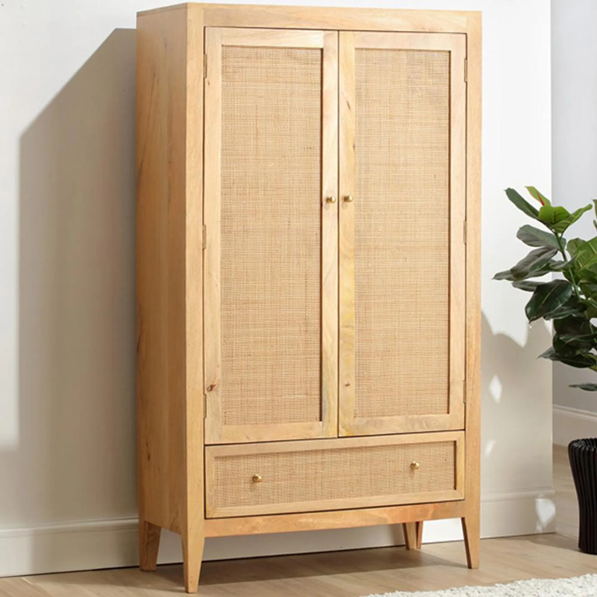 Desser Venice 2 Door Single Drawer Natural Rattan and Mango Wood Wardrobe