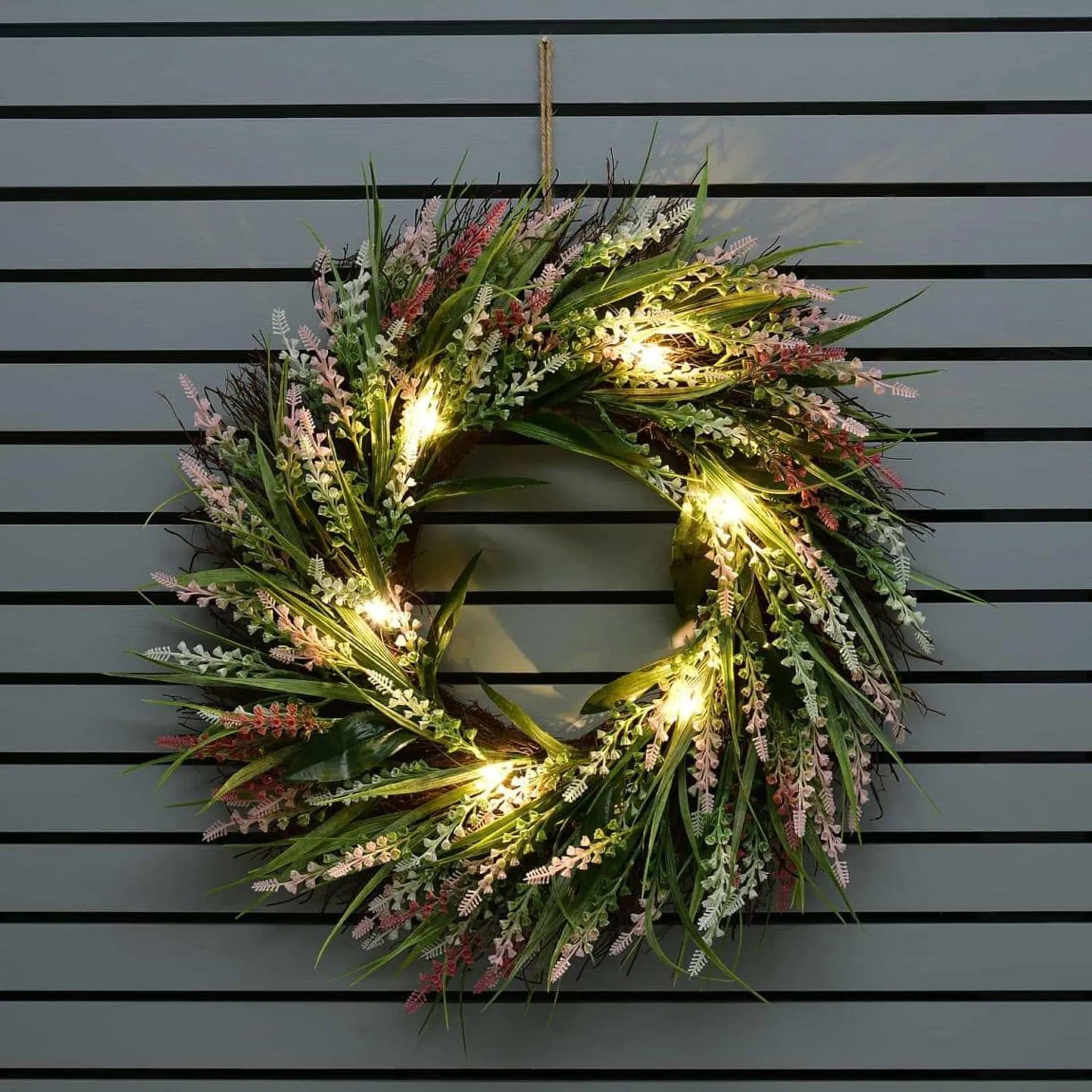 Solar Artificial Lavender Wreath - Pink