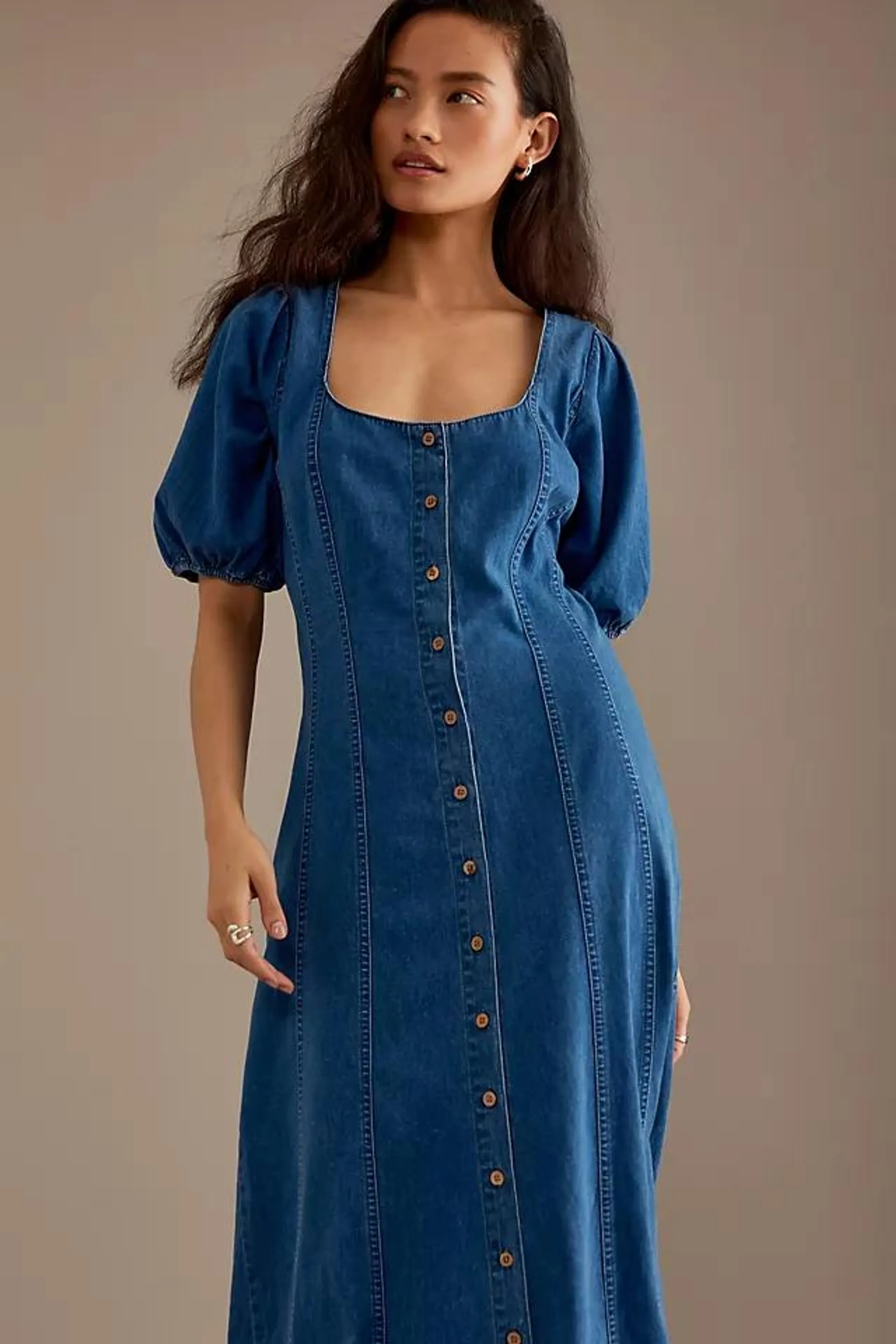 Nobody's Child Puff-Sleeve Denim Midi Dress