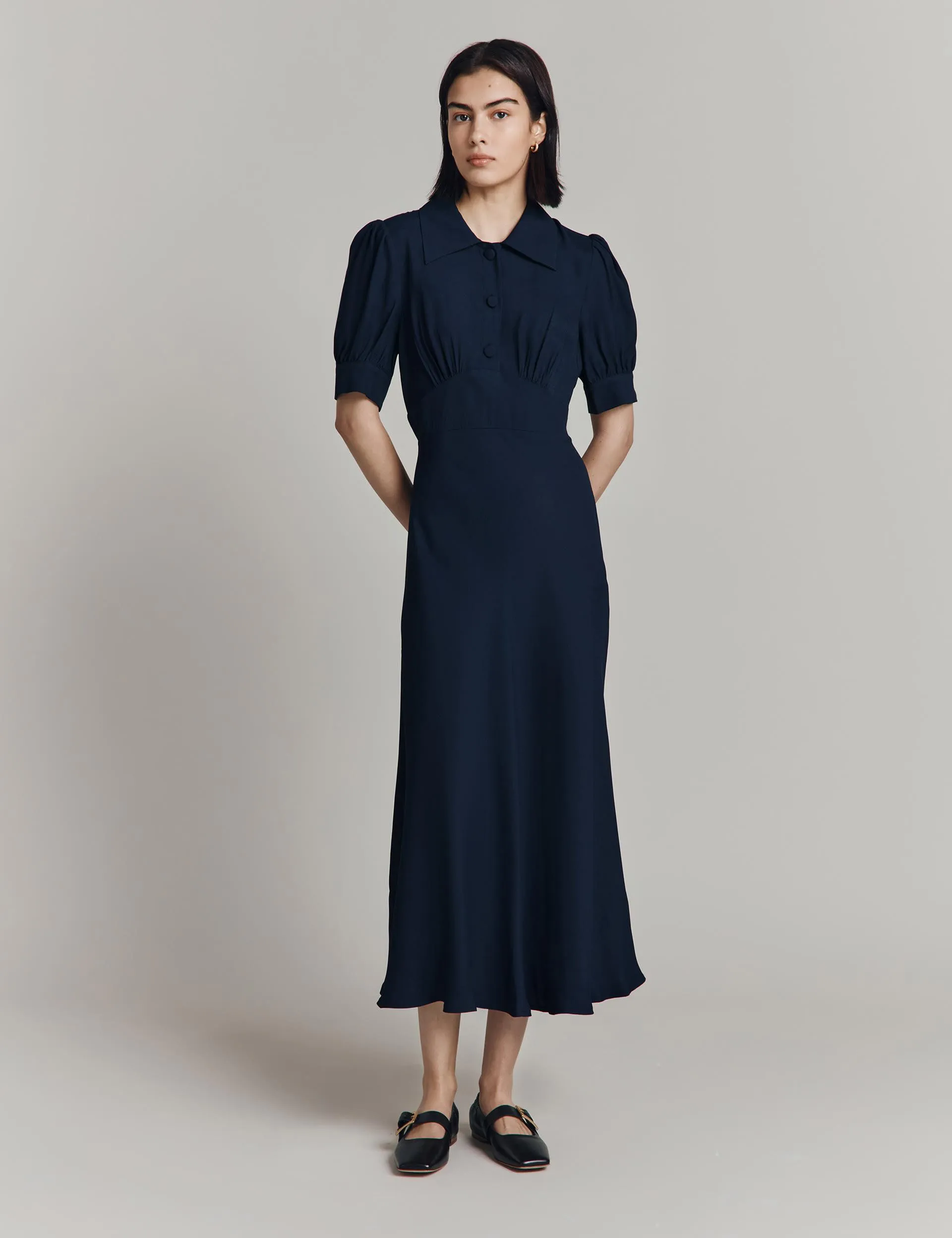 Collared Puff Sleeve Midaxi Waisted Dress