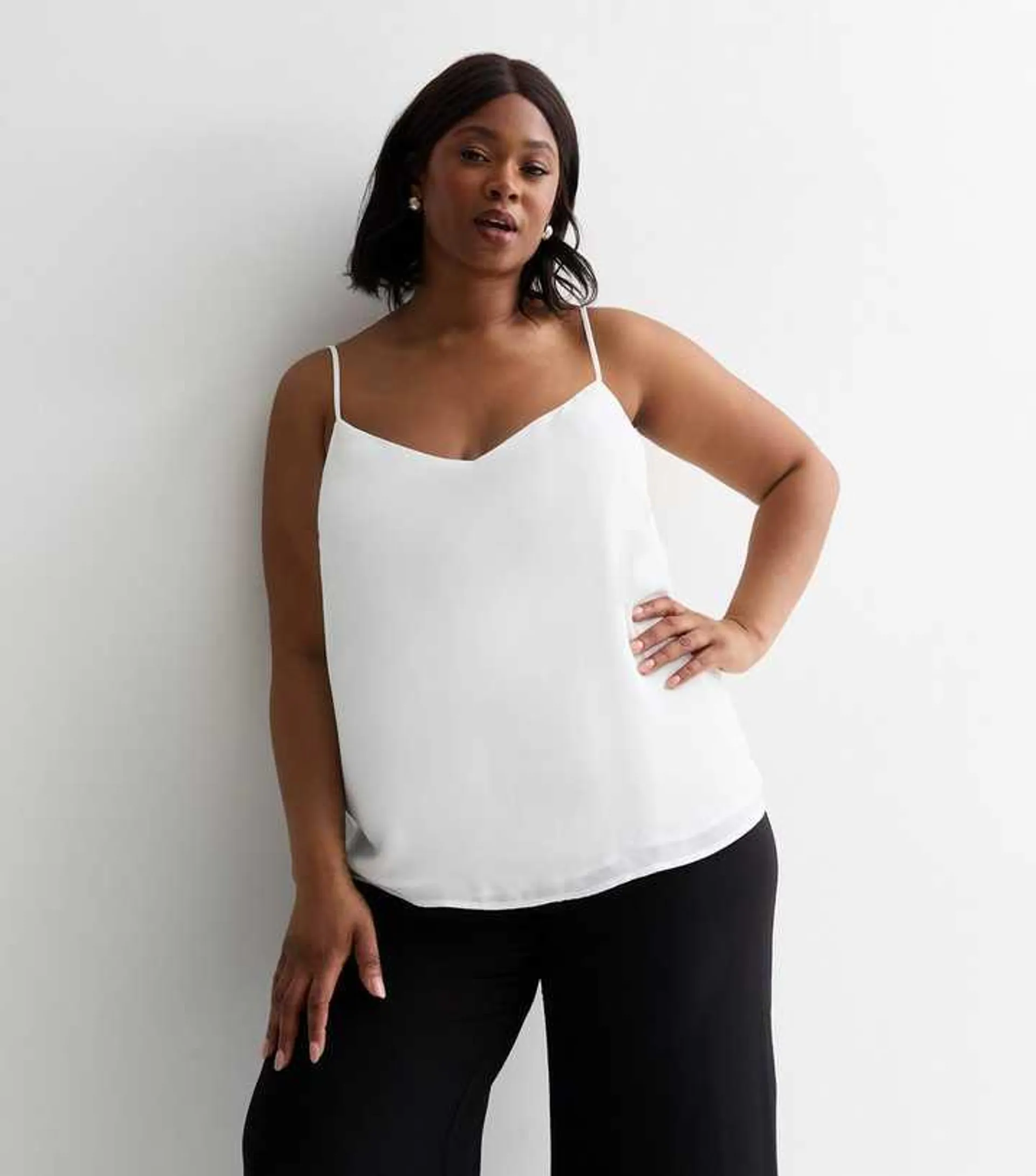 Curves White V Neck Cami Top