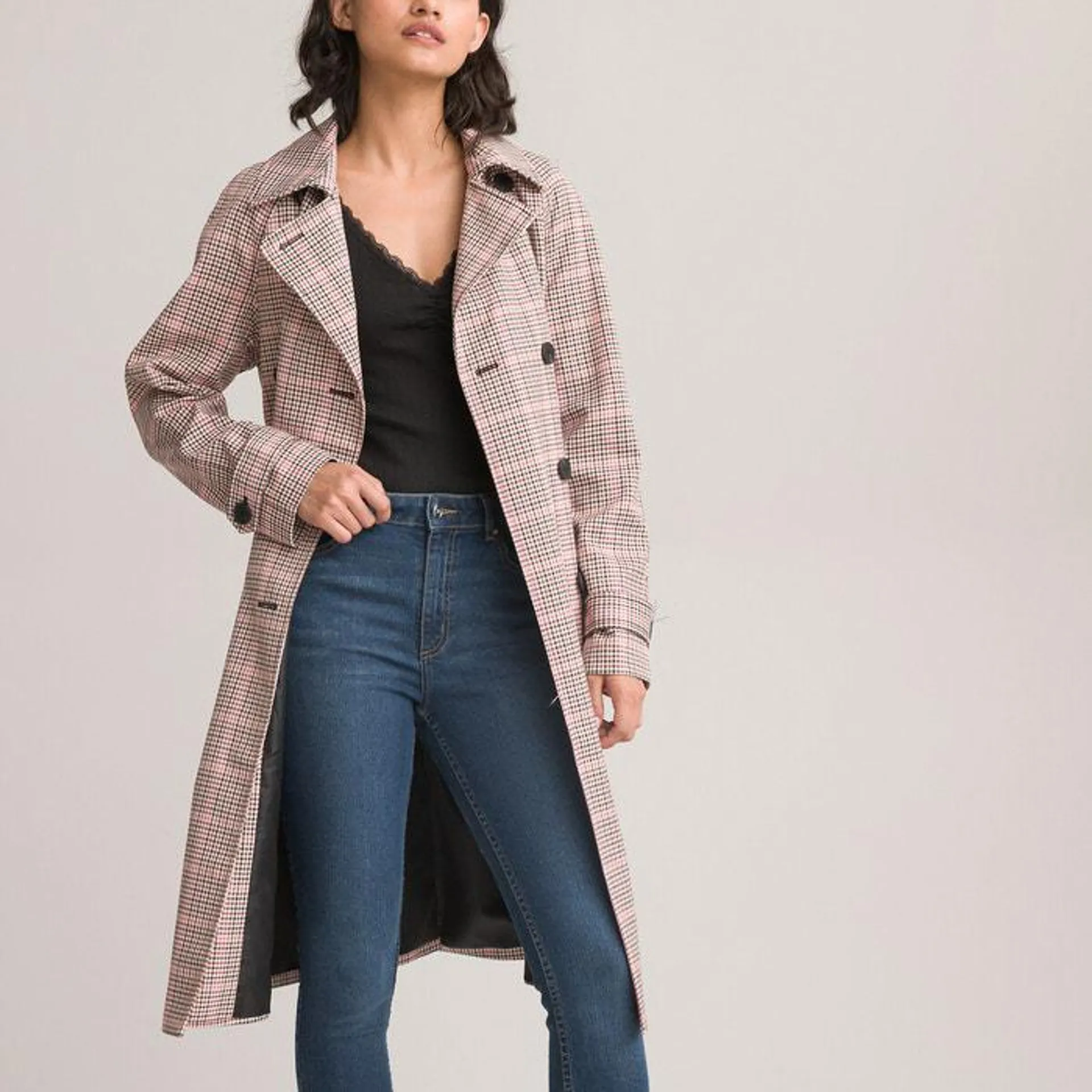 Checked Mid-Length Trench Coat