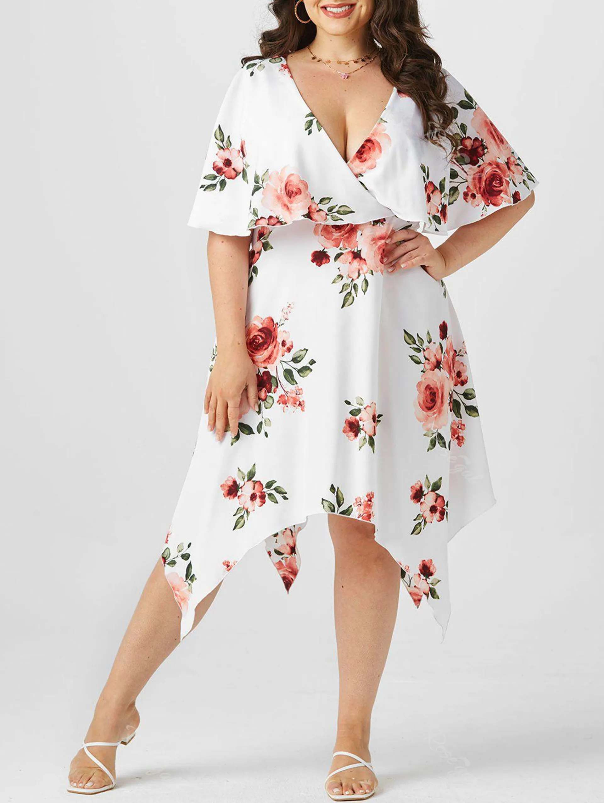 Plus Size & Curve Plunge Ruffled Floral Print Handkerchief Midi Dress - L