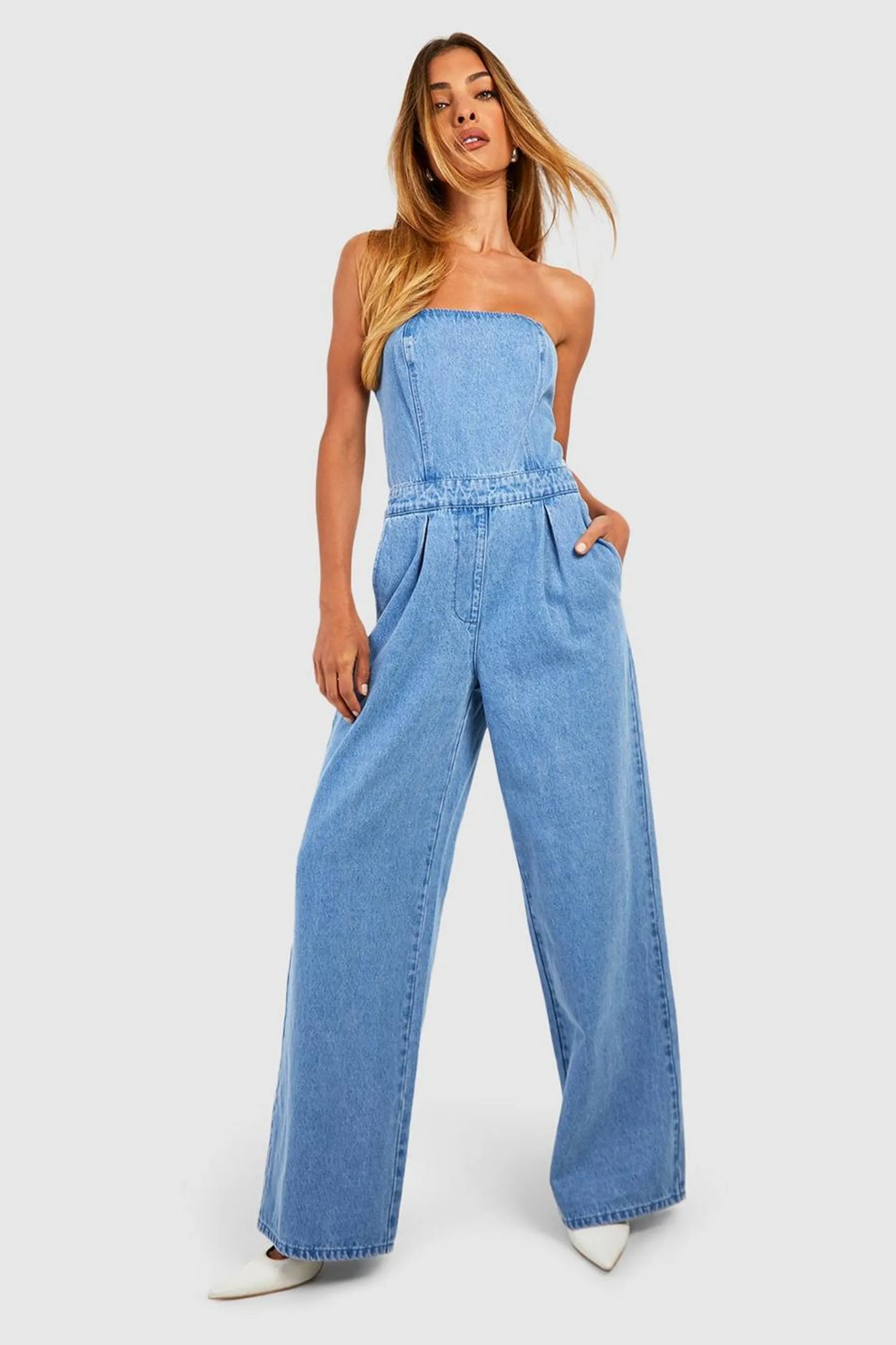 Bandeau Wide Leg Denim Jumpsuit