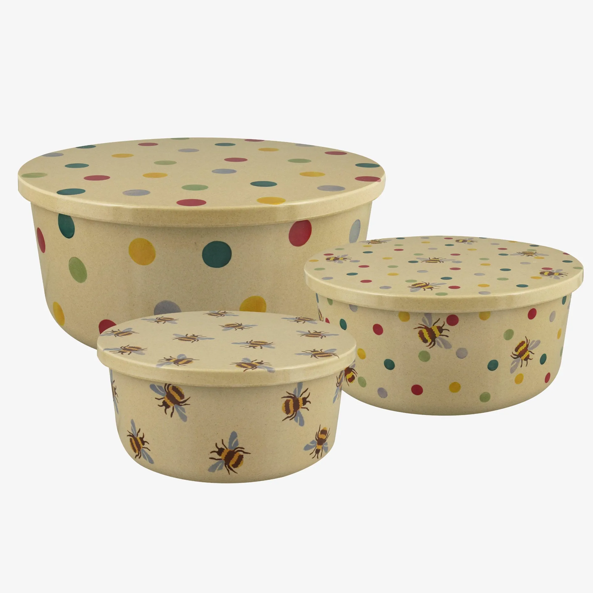 Polka Dot & Bee Set Of 3 Round Rice Husk Storage Tubs