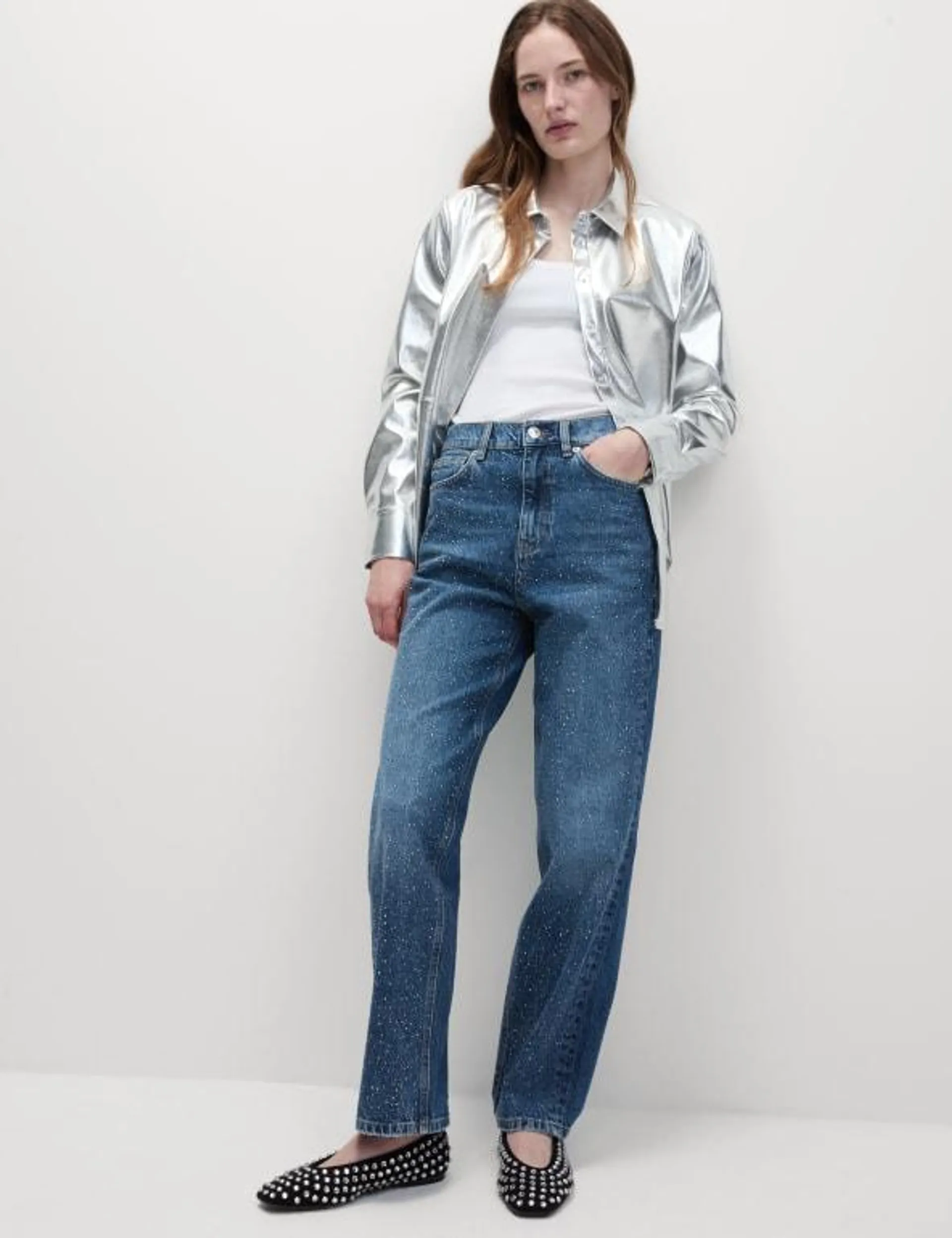 Embellished High Waisted Ankle Grazer Jeans