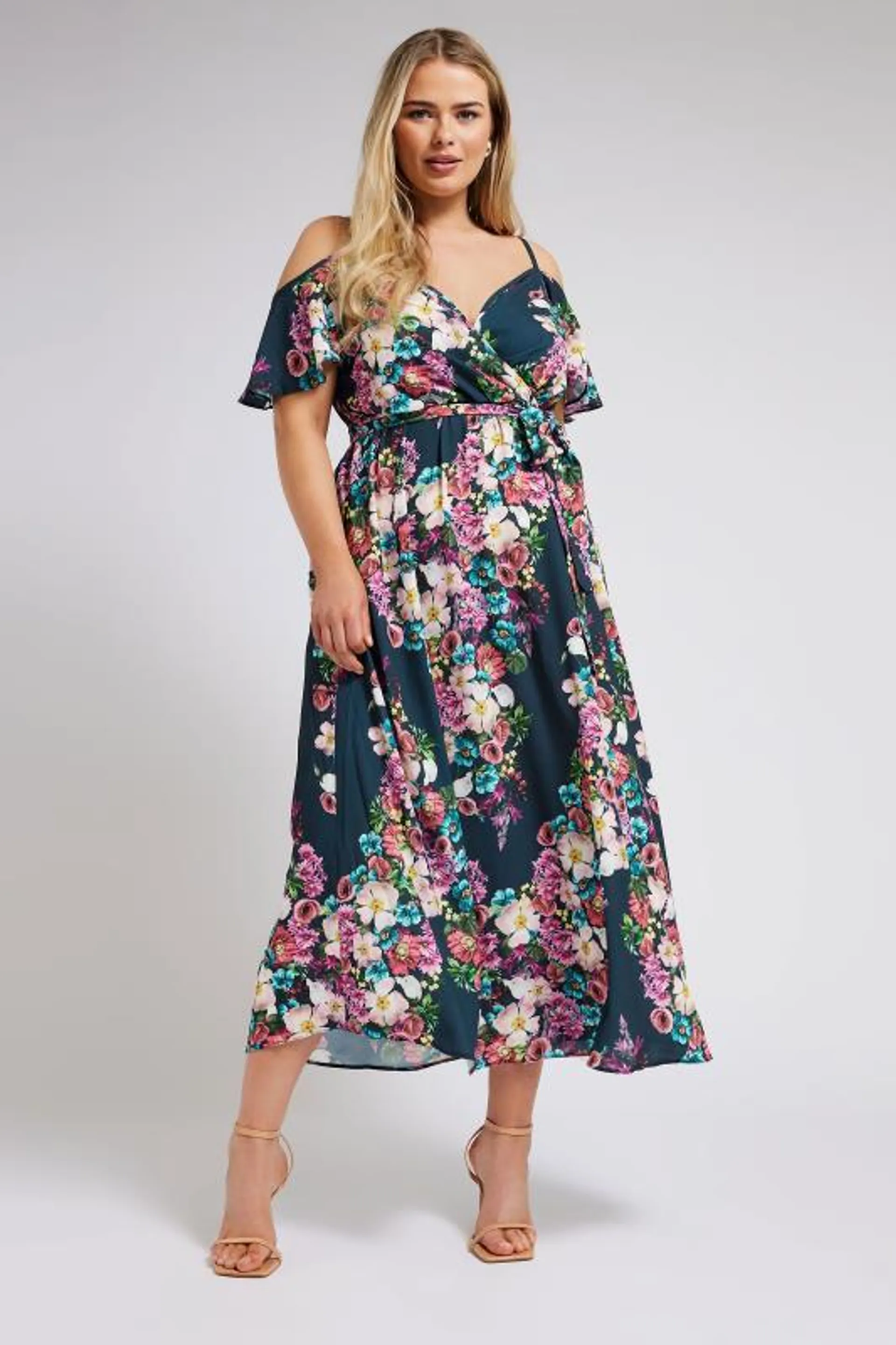 YOURS LONDON Curve Blue Floral Print Cold Shoulder Wrap Dress