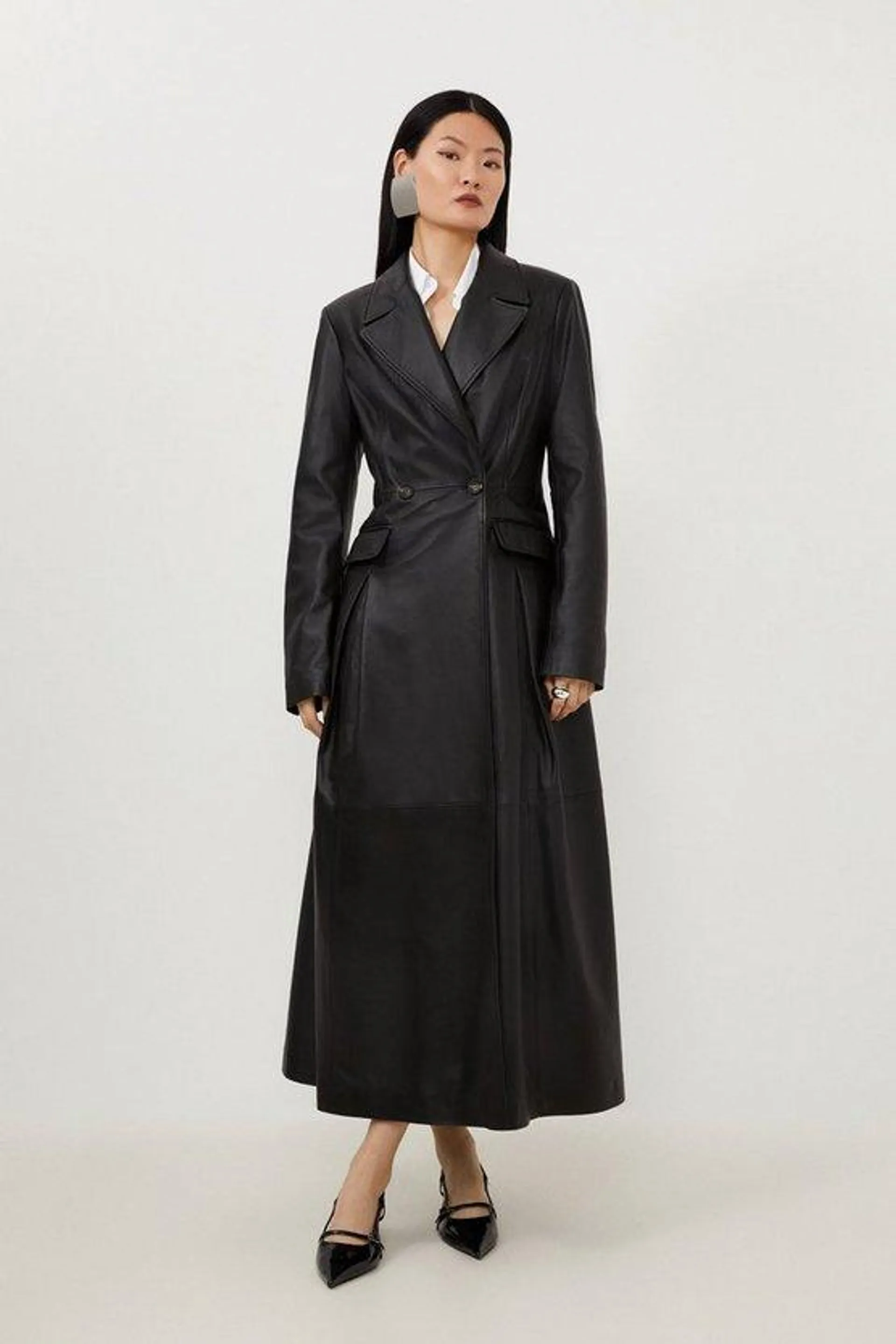 Leather Button Waist Full Skirted Coat