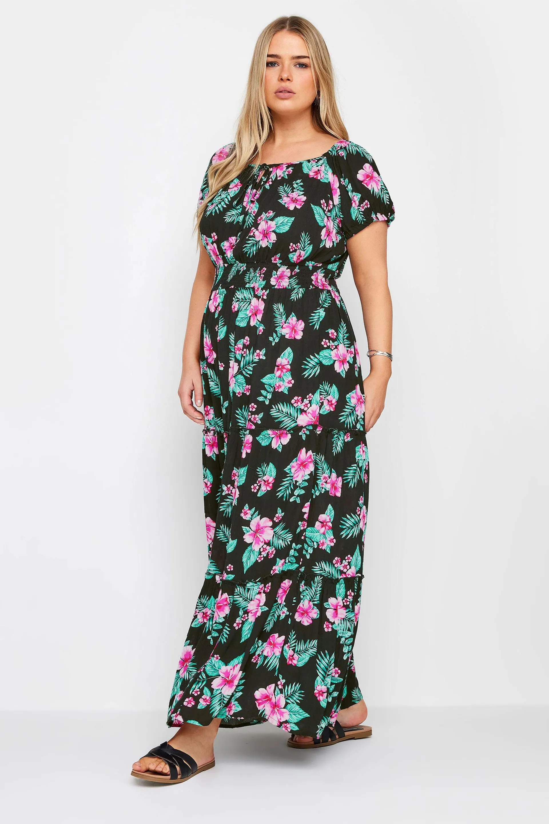 YOURS Curve Black Floral Tropical Print Bardot Maxi Dress