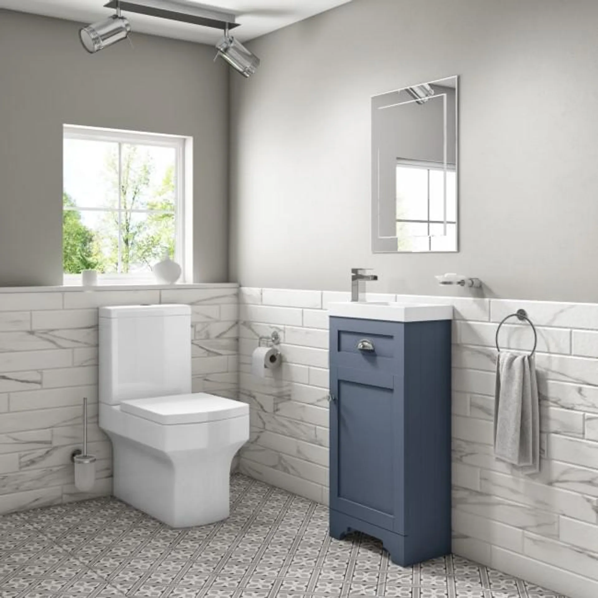 Baxenden Cloakroom Toilet Suite with Blue Floorstanding Vanity Unit and Basin