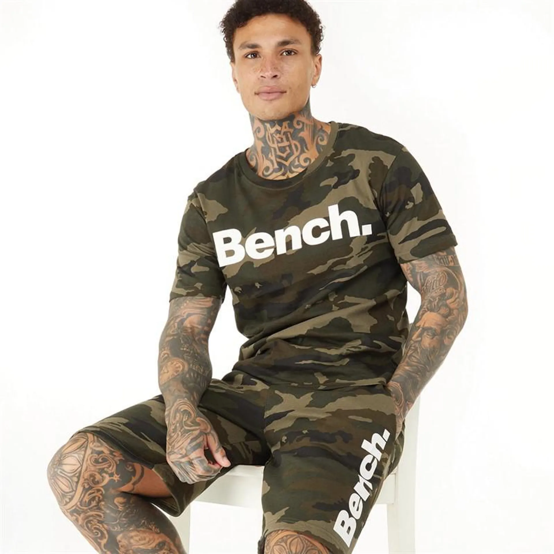 Bench Mens Niall T-Shirt And Shorts Set Khaki Camo
