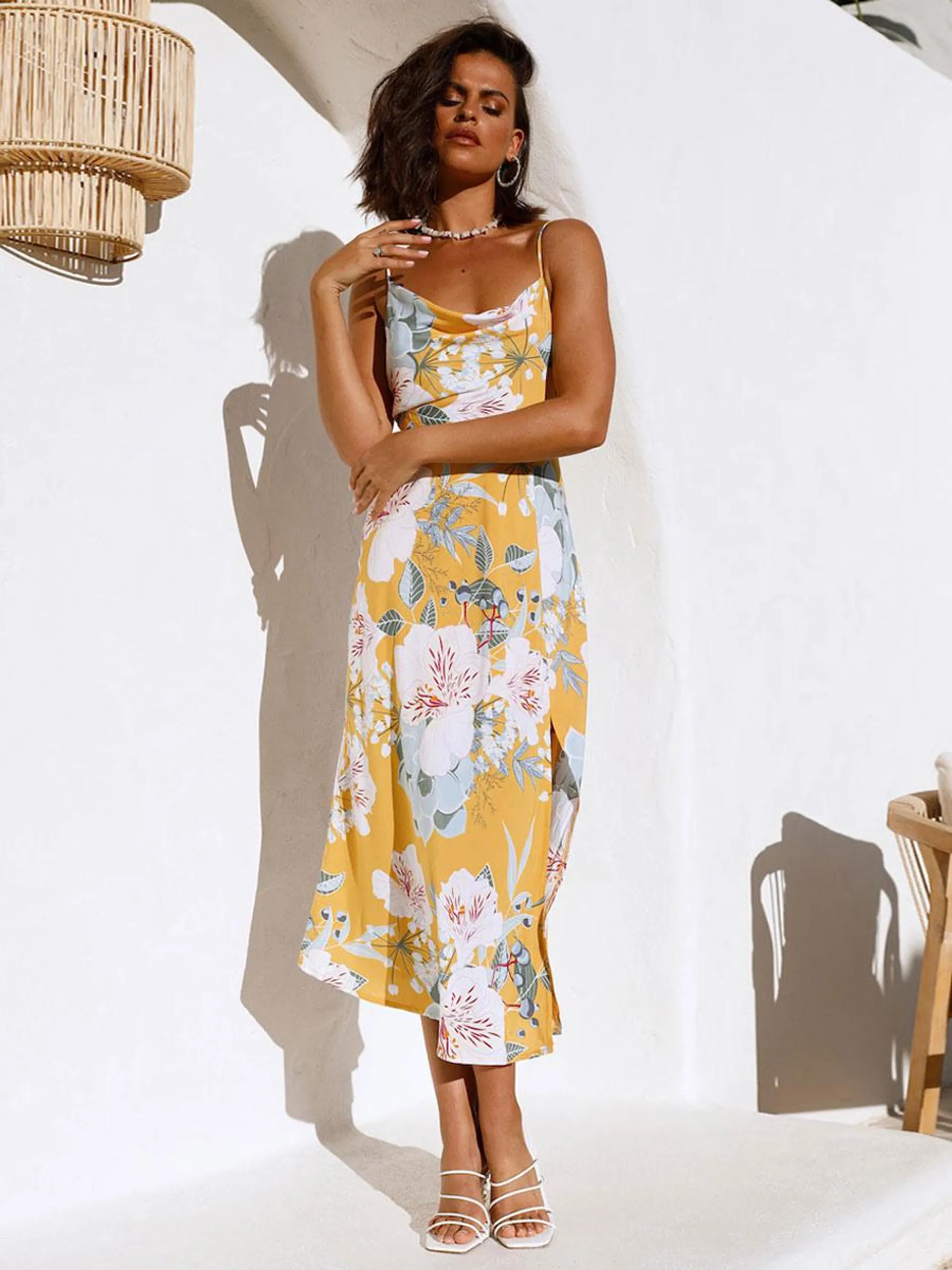 Print Midi Dresses Floral Print Spaghetti Straps Cowl Neck Sleeveless Backless Side Slit Chic Summer Dresses