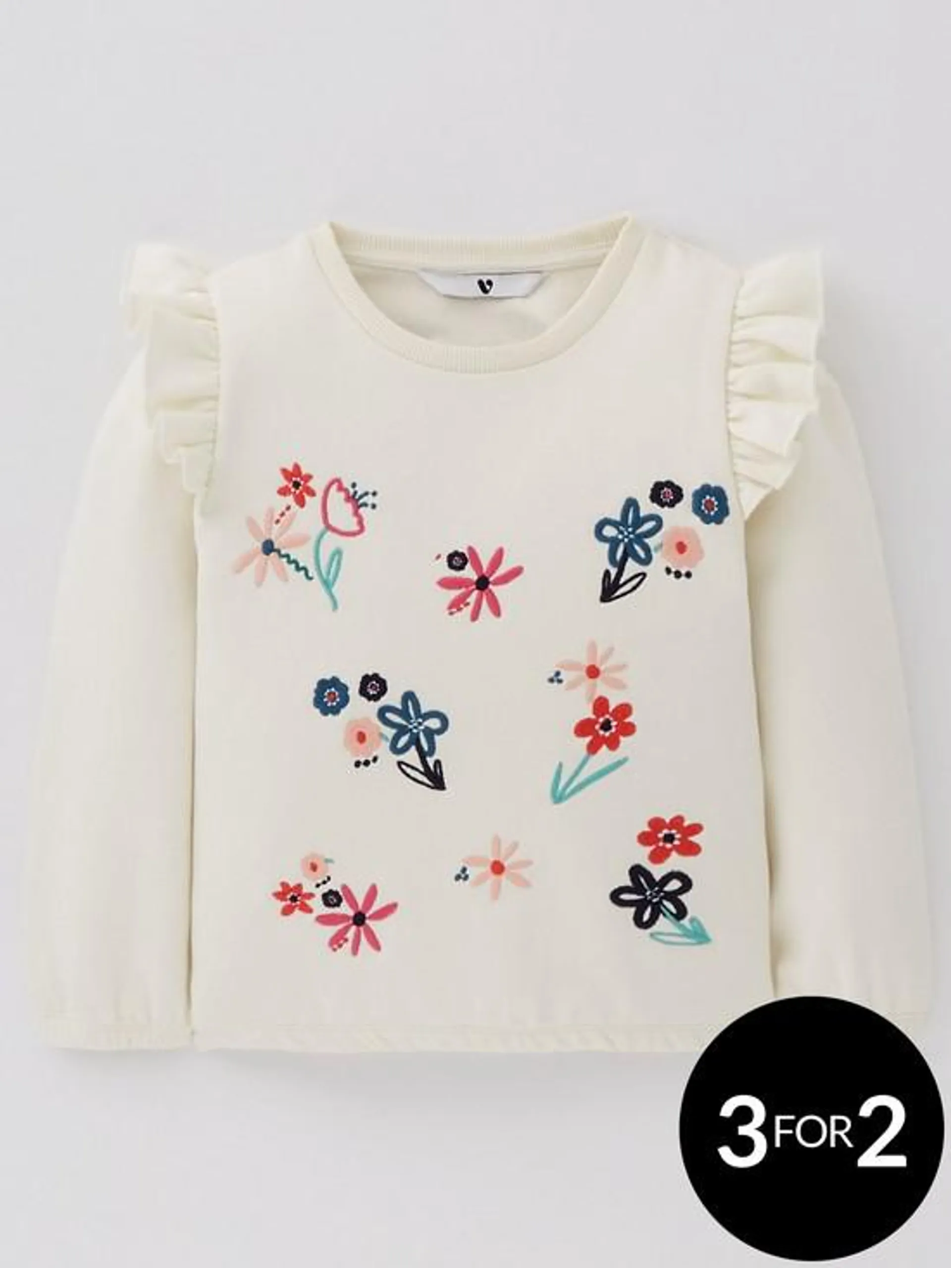 Mini V by Very Girls Embroidered Frill Sleeve Sweatshirt - Cream
