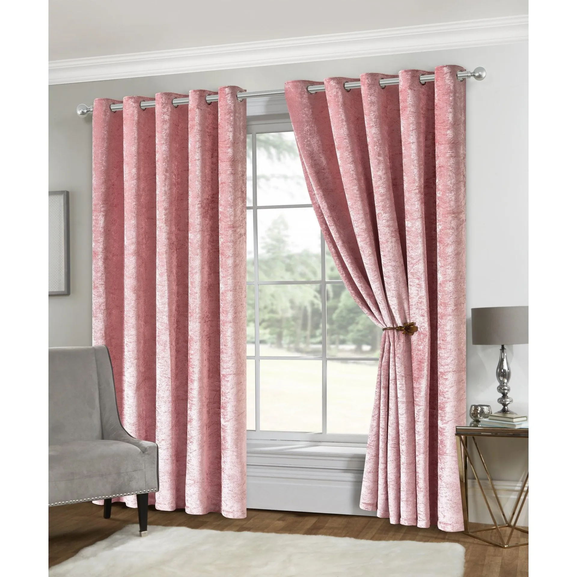 Lewis's Amelia Eyelet Curtains - Crushed Velvet - Blush Pink