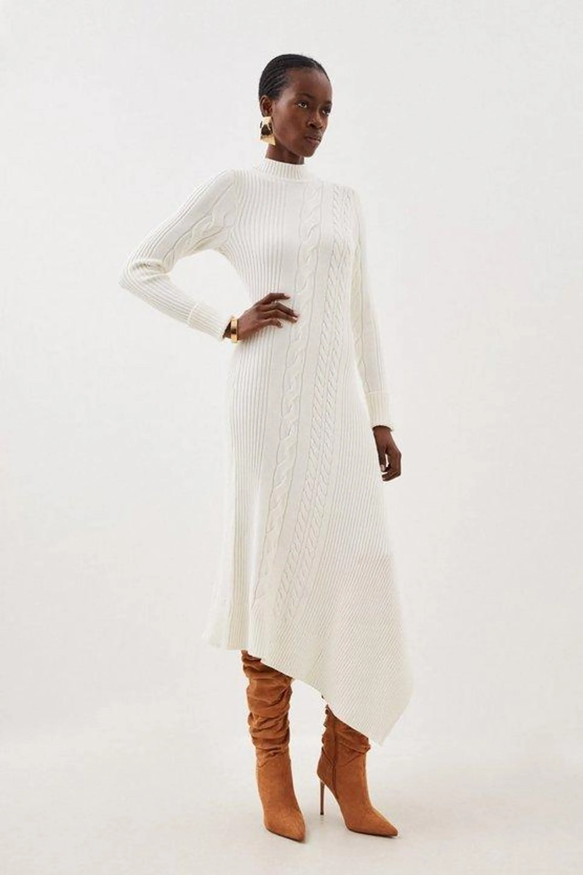 Viscose Blend High Neck Asymmetric Hem Cable Knit Midaxi Dress