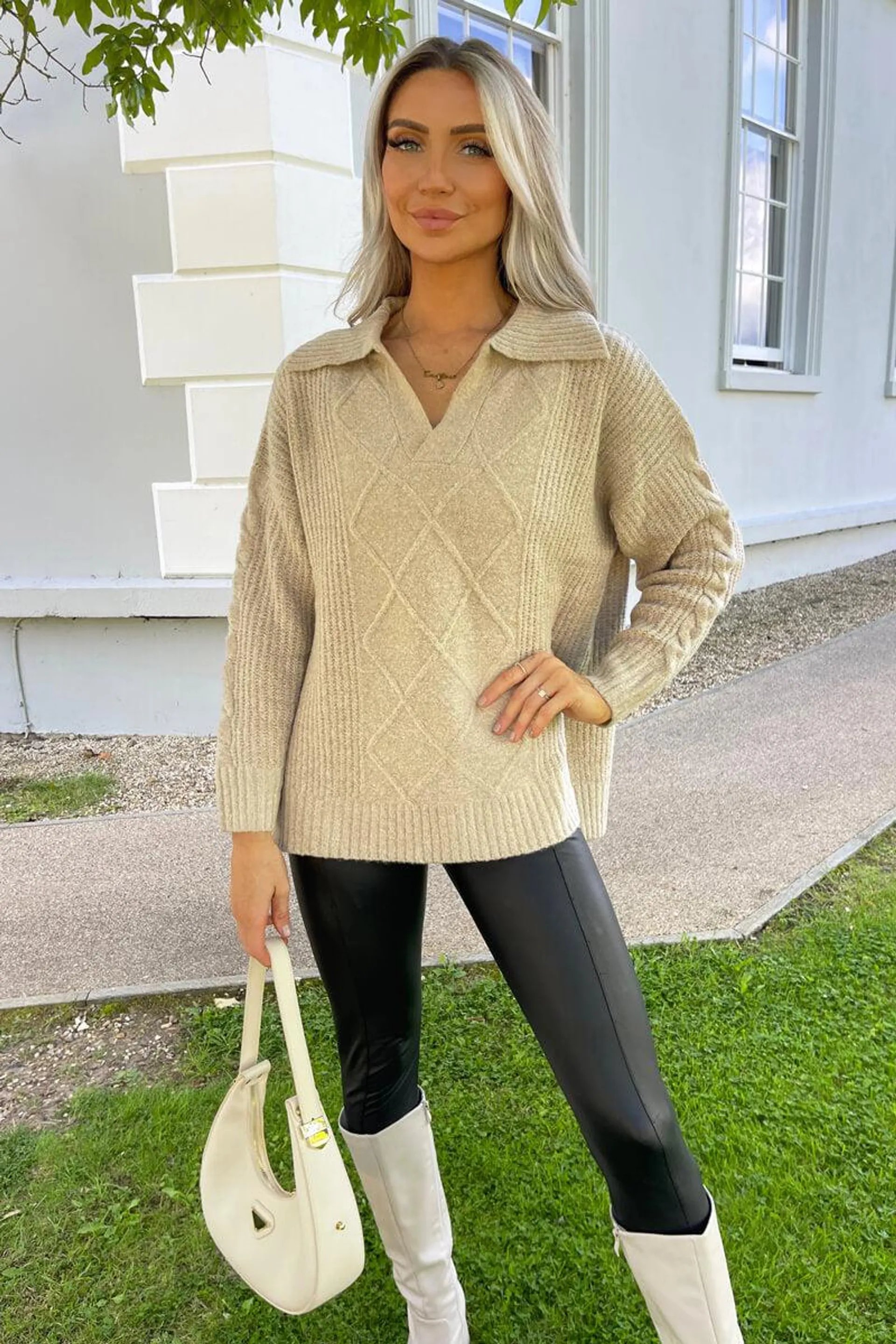 Oatmeal Collared Cable Knit Jumper