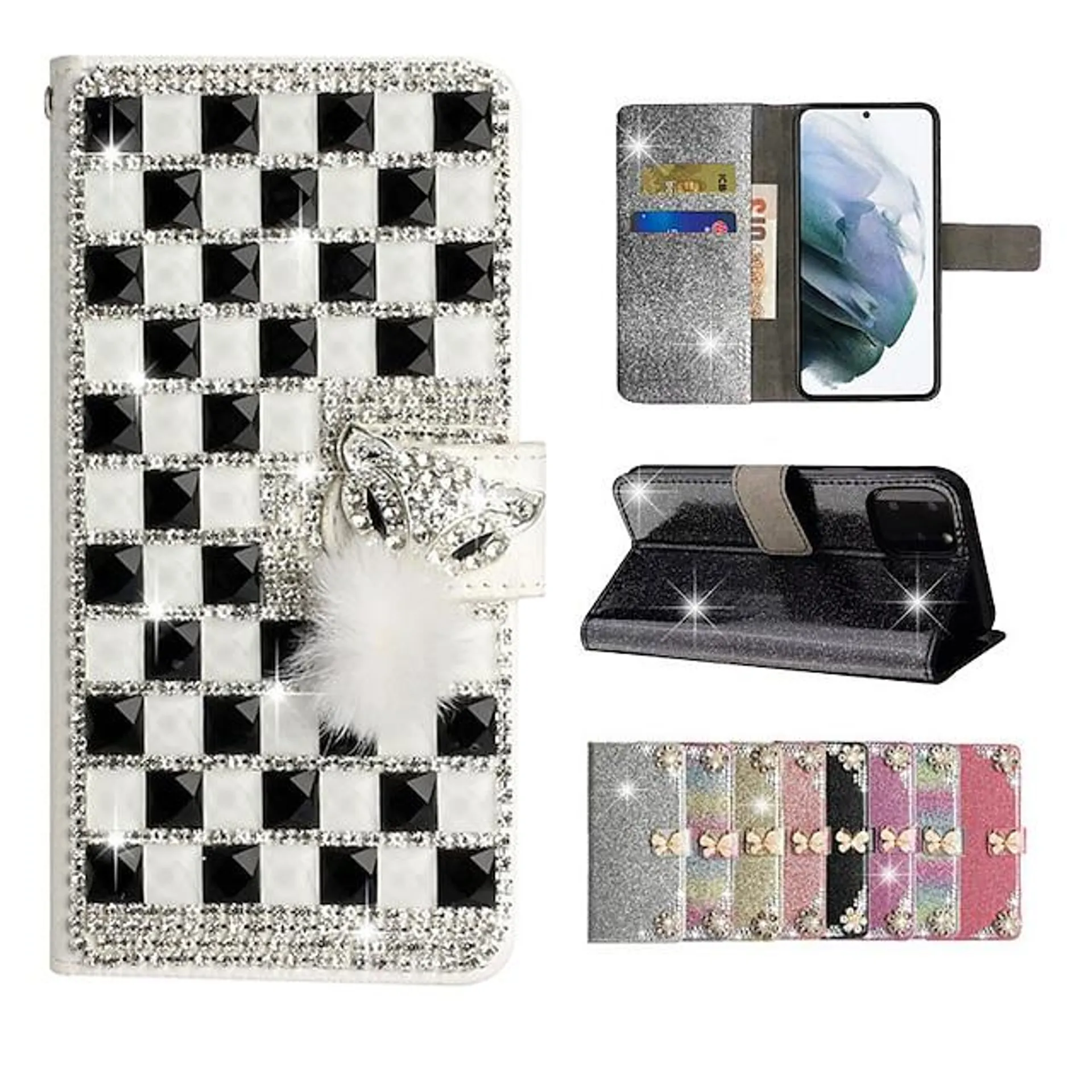 Phone Case For Apple Wallet Case iPhone 14 13 12 11 Plus Pro Max Wallet Rhinestone Full Body Protective Crystal Diamond TPU PC PU Leather