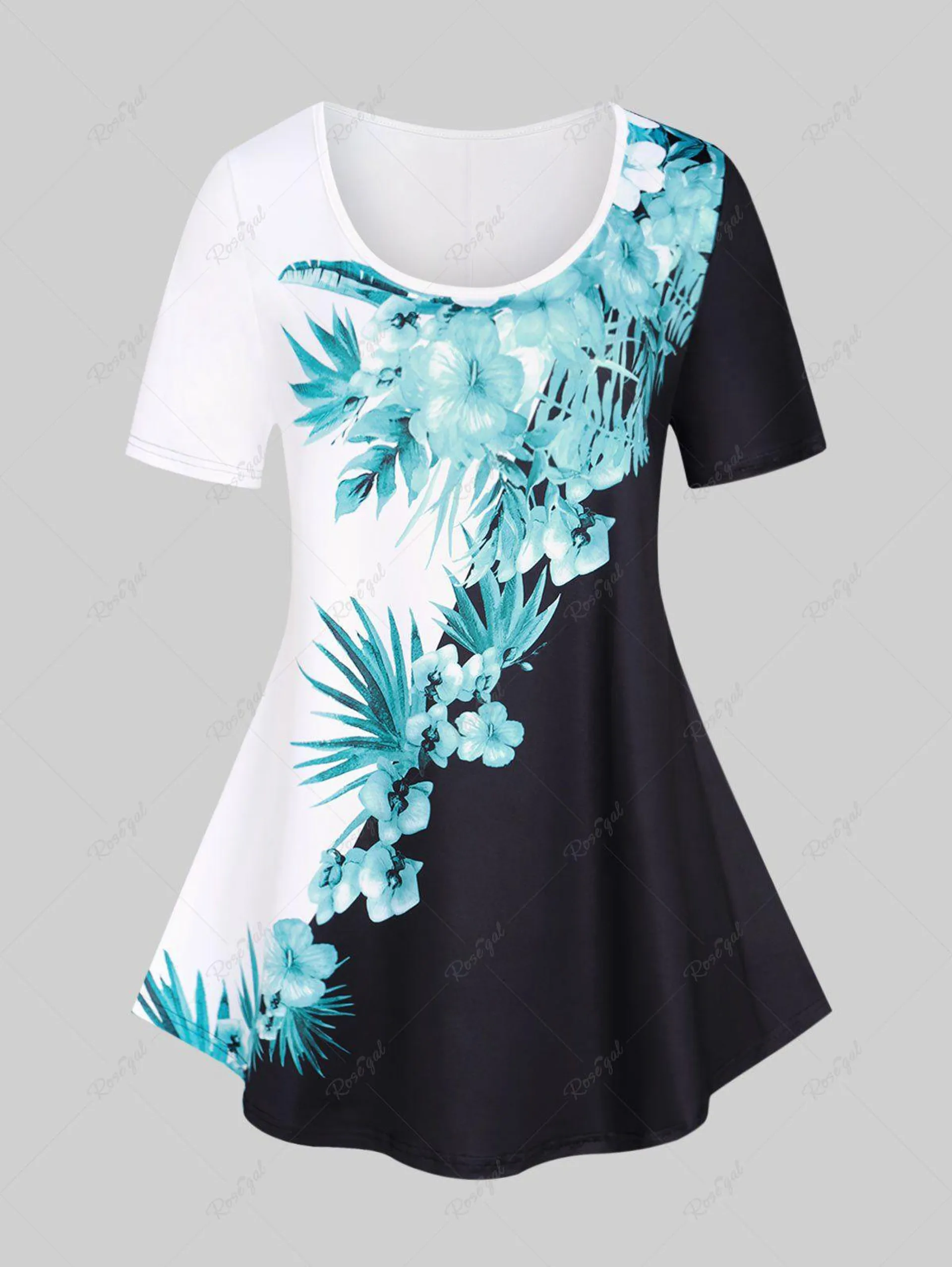 Plus Size & Curve Floral Print Colorblock Tee - 2x | Us 18-20