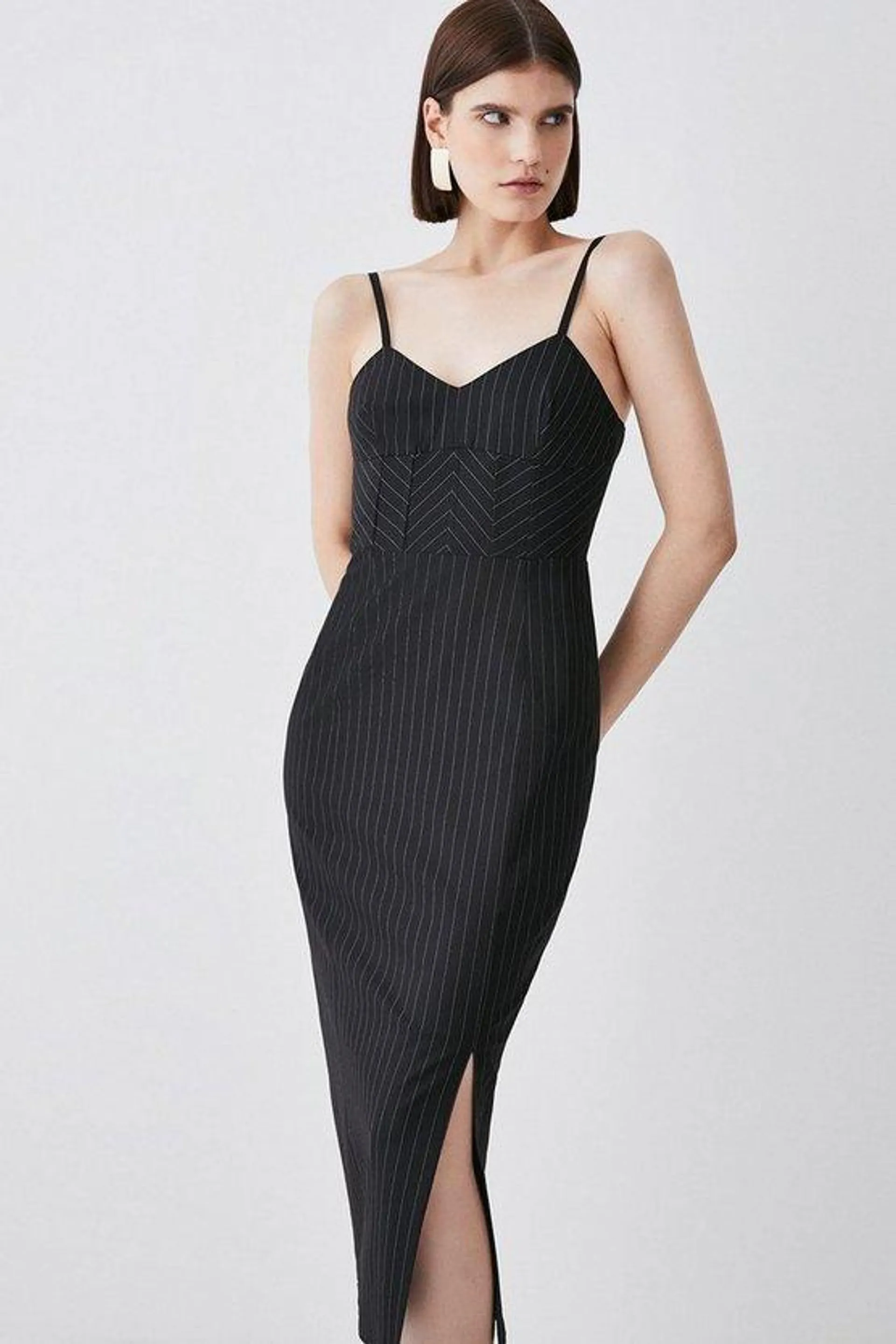 Pinstripe Corset Waist Pencil Midi Dress