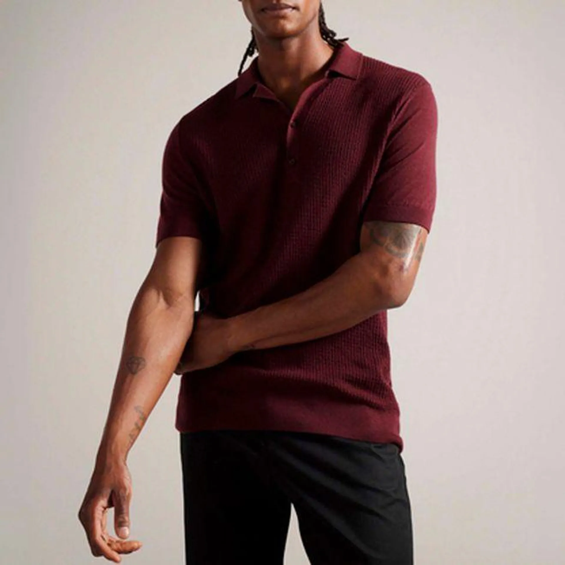 Ted Baker Adio Textured Front Polo Shirt in red maroon