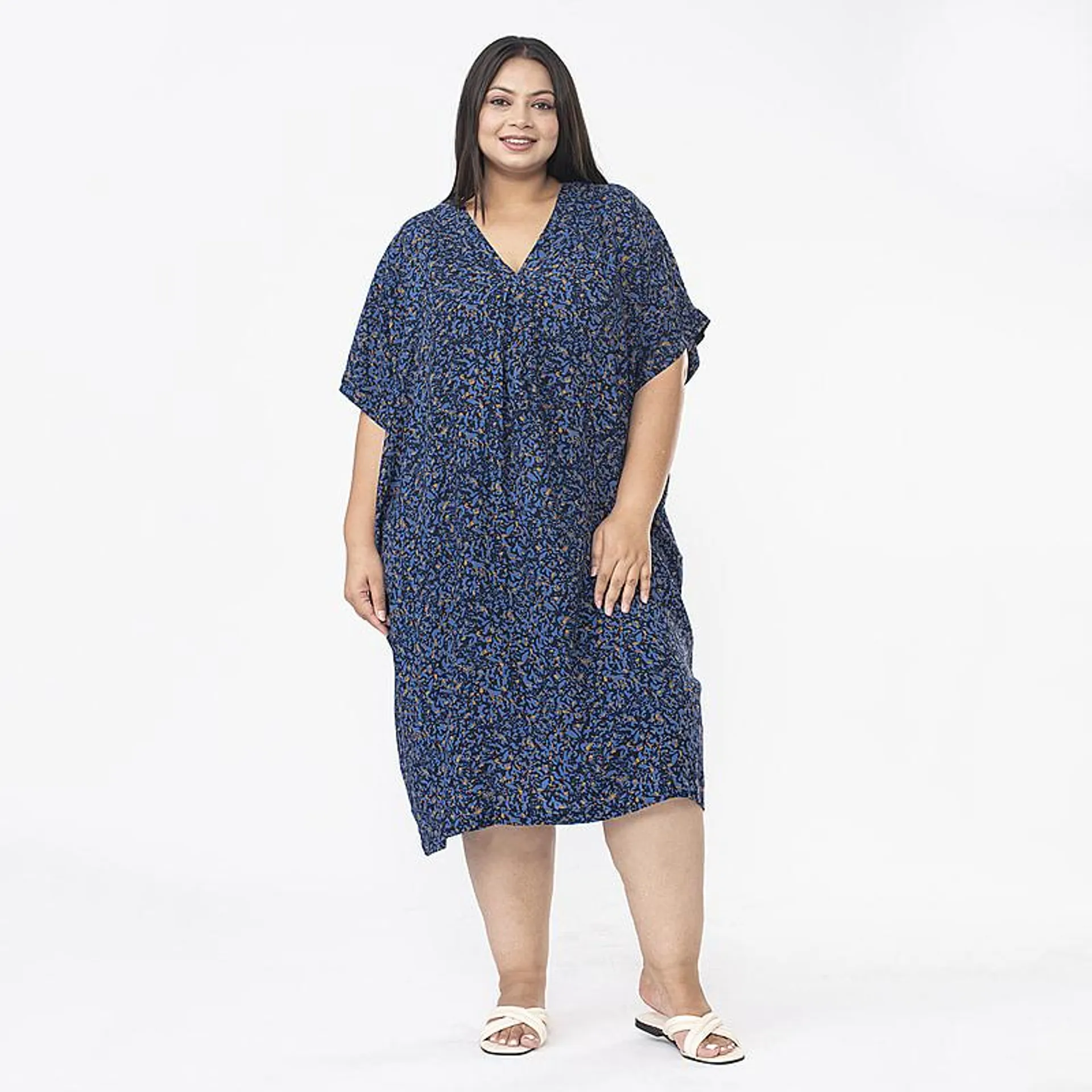 TAMSY V Neck Kaftan Midi Dress - Navy