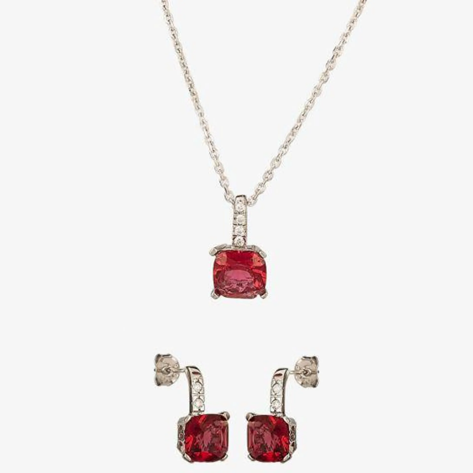 Silver Red Cubic Zirconia Cushion-cut Pendant and Dropper Earring Set
