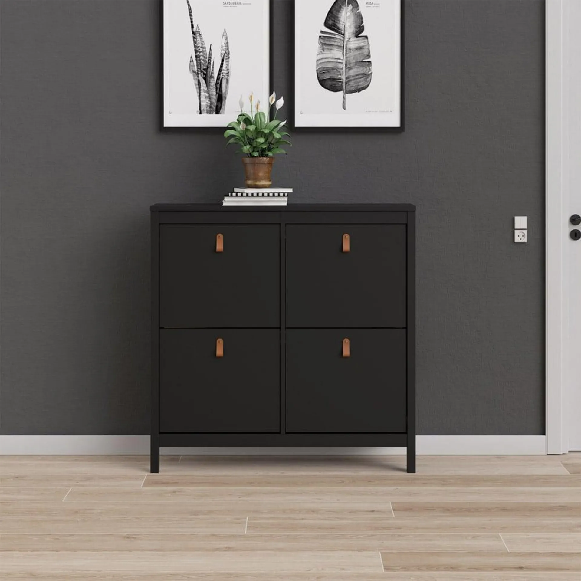 Florence Barcelona 4 Flip Down Doors Matt Black Shoe Cabinet