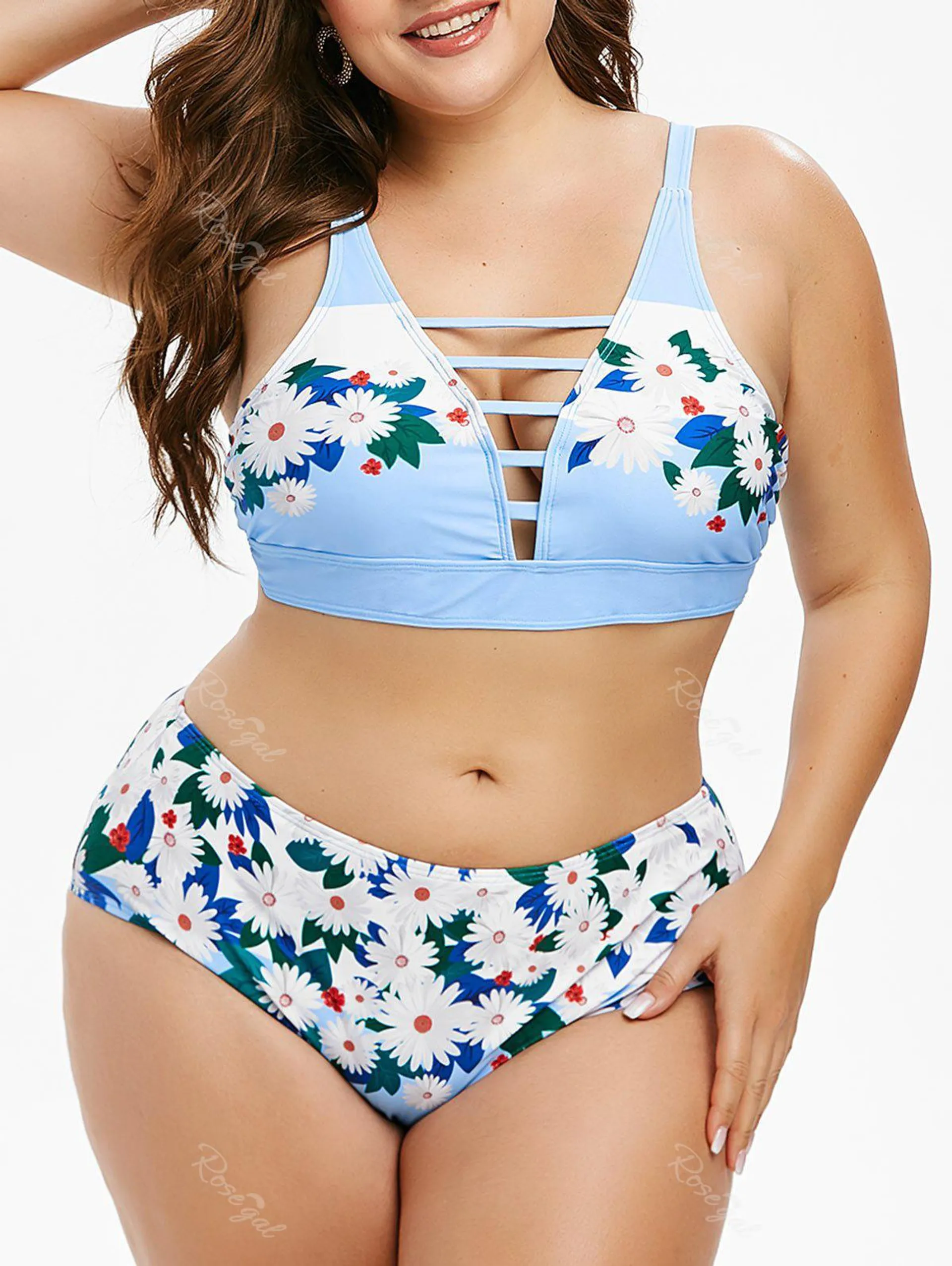 Plus Size Floral Print Lattice Bikini Swimwear - 4x
