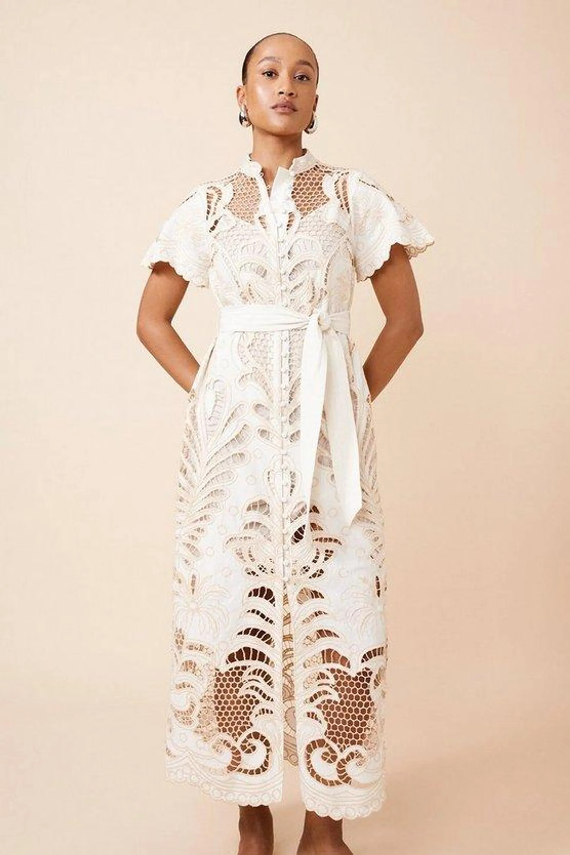 Linen Cutwork Embroidery Woven Midi Dress