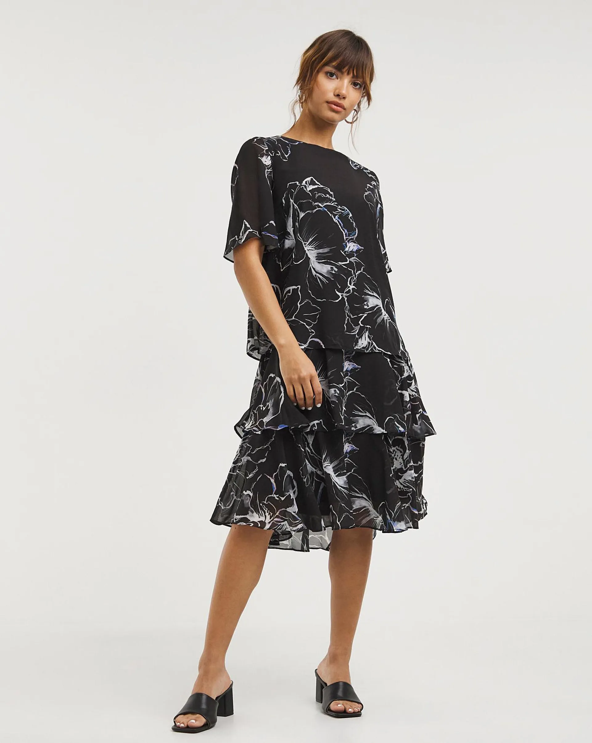 Joanna Hope Mono Floral Tiered Layer Printed Dress