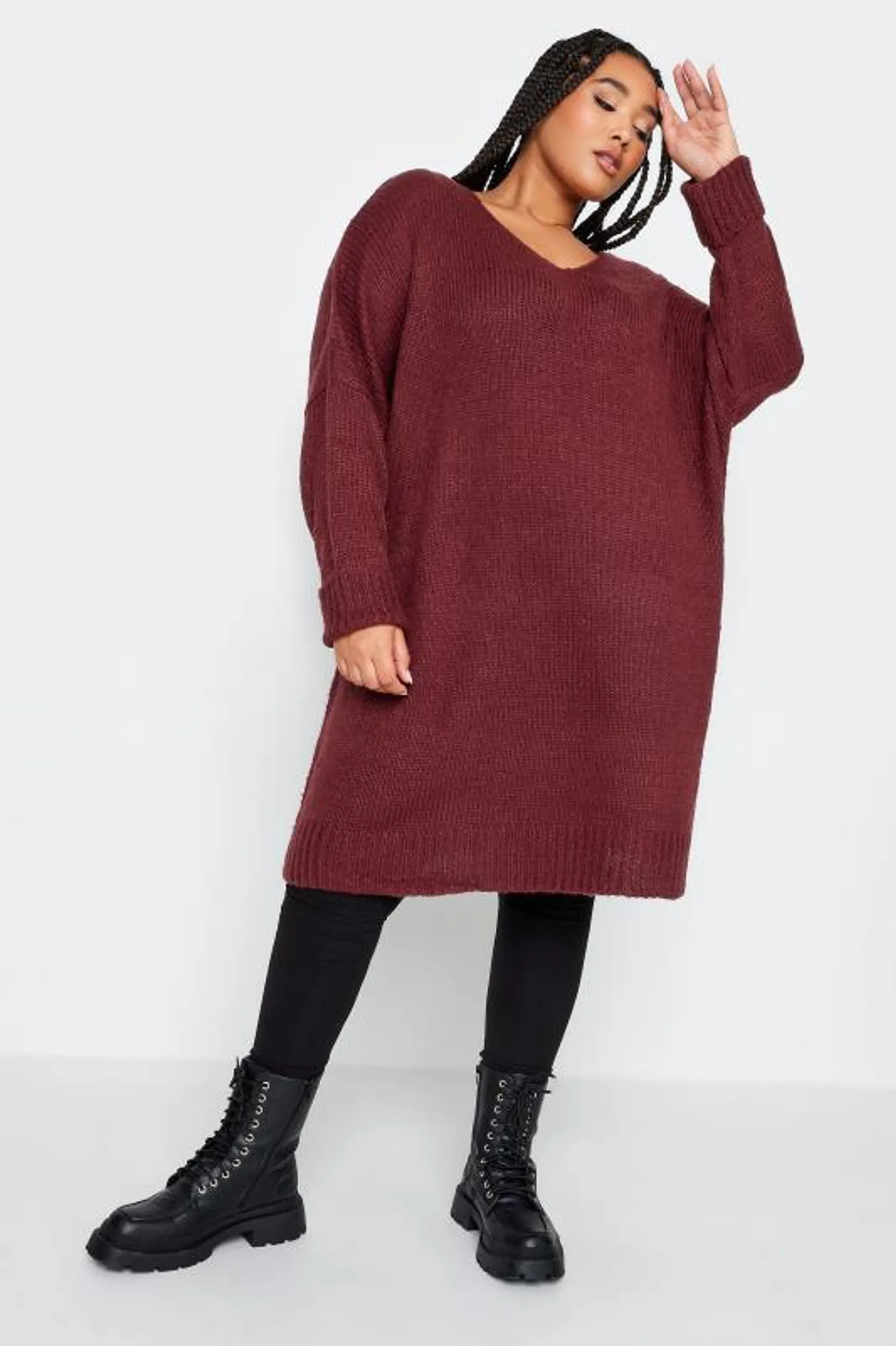 YOURS Curve Burgundy Red Midi Knitted Jumper Dress